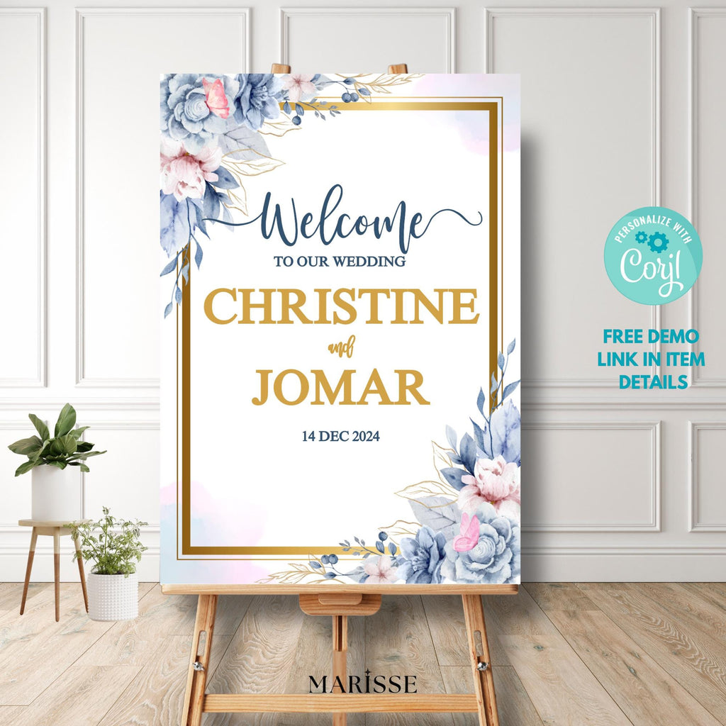 Editable Blue Floral Wedding Welcome Sign, Elegant Wedding Signage Template, Printable Digital Welcome Board, Editable Wedding Decor | CJ001