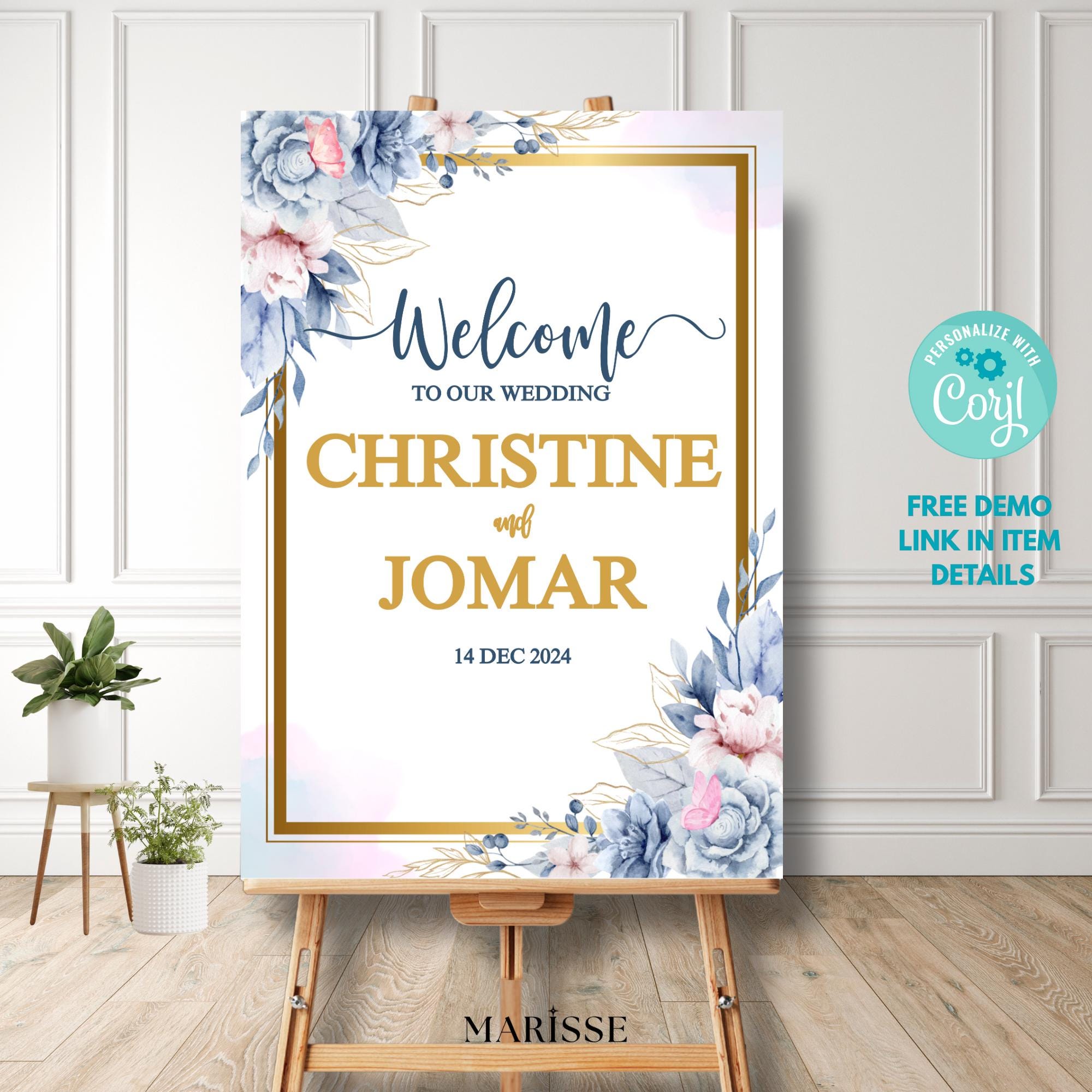 Editable Blue Floral Wedding Welcome Sign, Elegant Wedding Signage Template, Printable Digital Welcome Board, Editable Wedding Decor | CJ001