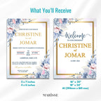 Blue Floral Wedding Bundle Template Editable Welcome Sign Invitation Table Number & Thank You Card  Printable Blue Wedding Set | CJ001