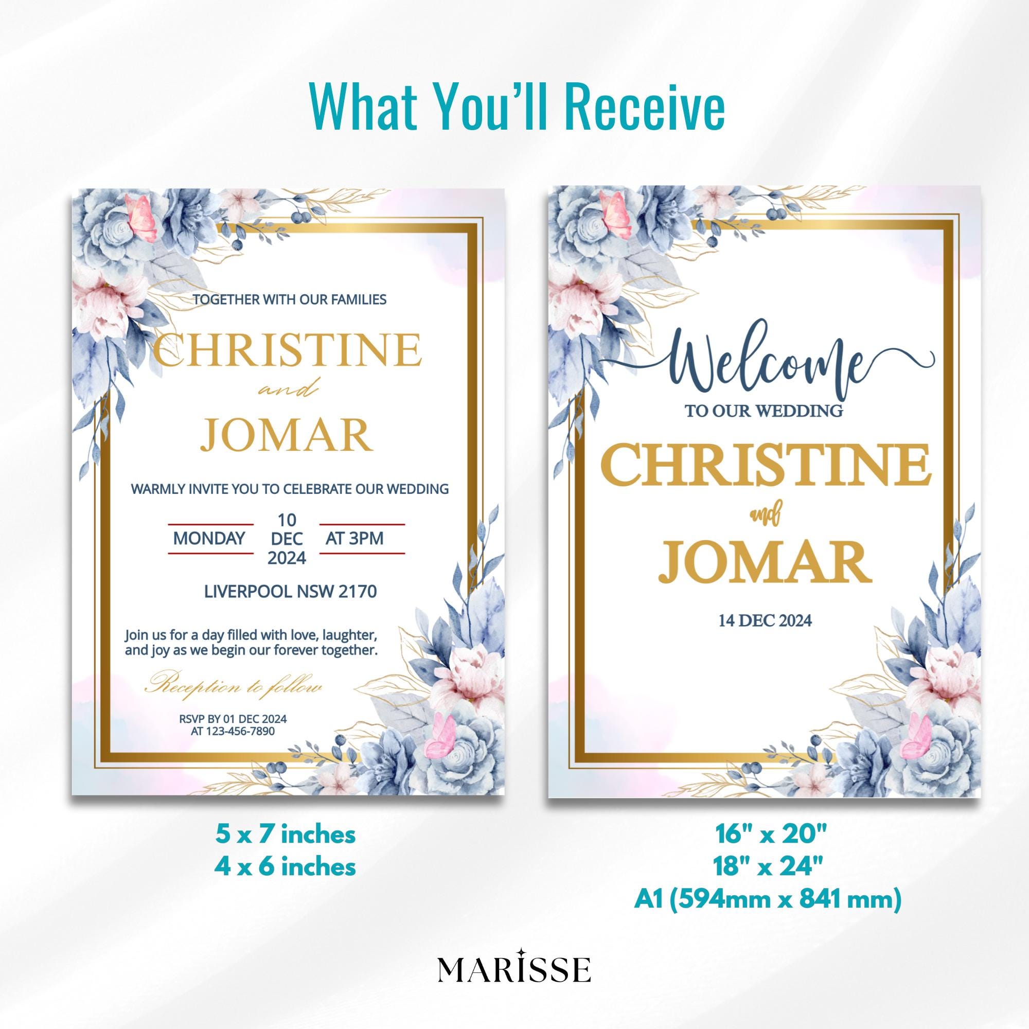 Blue Floral Wedding Bundle Template Editable Welcome Sign Invitation Table Number & Thank You Card  Printable Blue Wedding Set | CJ001