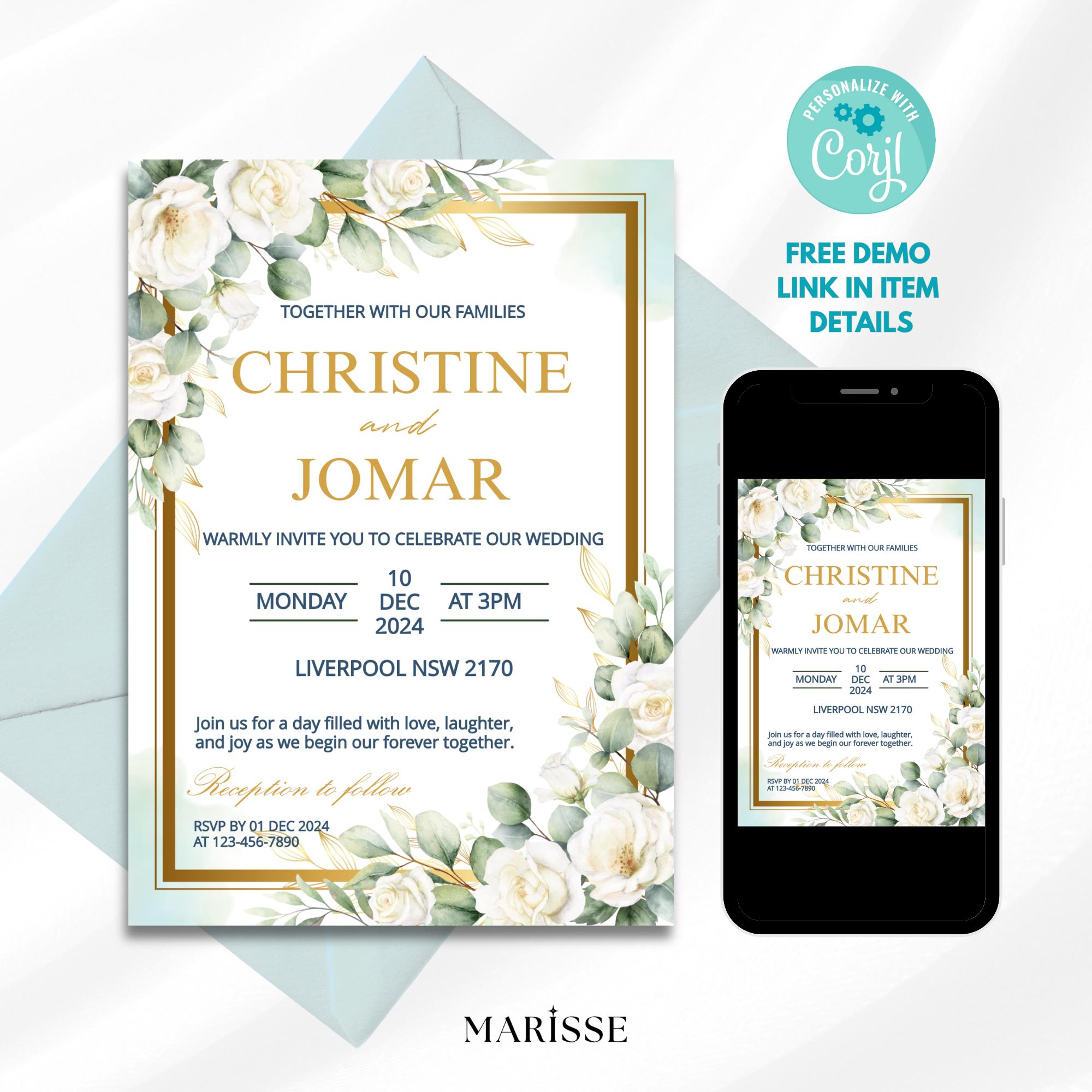 Editable Green and White Floral Wedding Invitation Template Digital Invite Elegant Printable Wedding Card Instant Download | CJ002