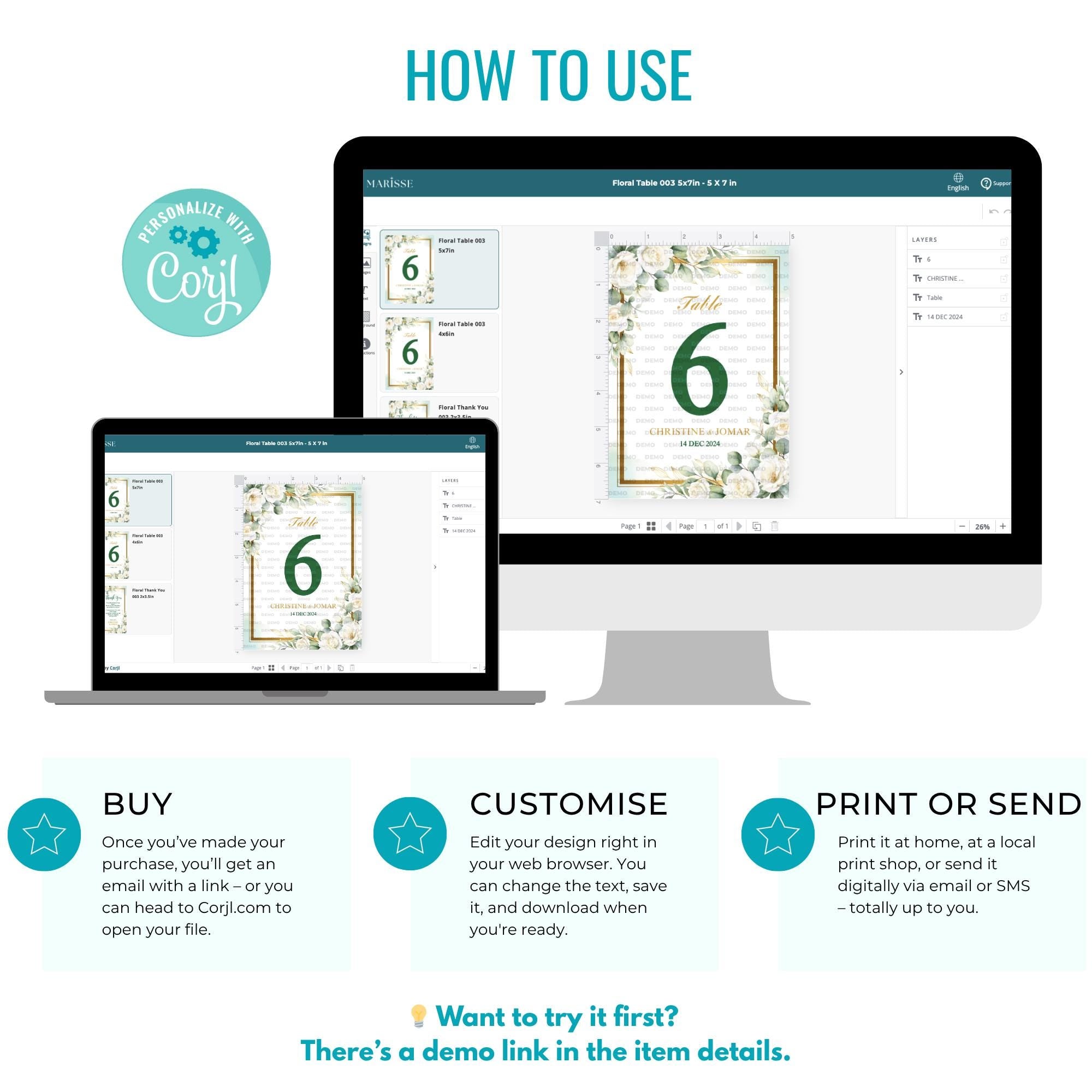 Editable Green and White Floral Table Number Template Digital Table Card Elegant Printable Wedding Decor Instant Download | CJ002