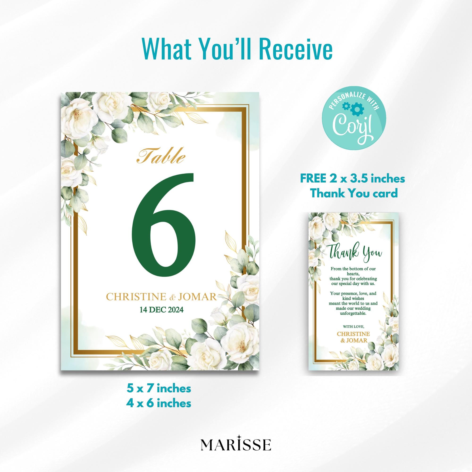 Editable Green and White Floral Table Number Template Digital Table Card Elegant Printable Wedding Decor Instant Download | CJ002
