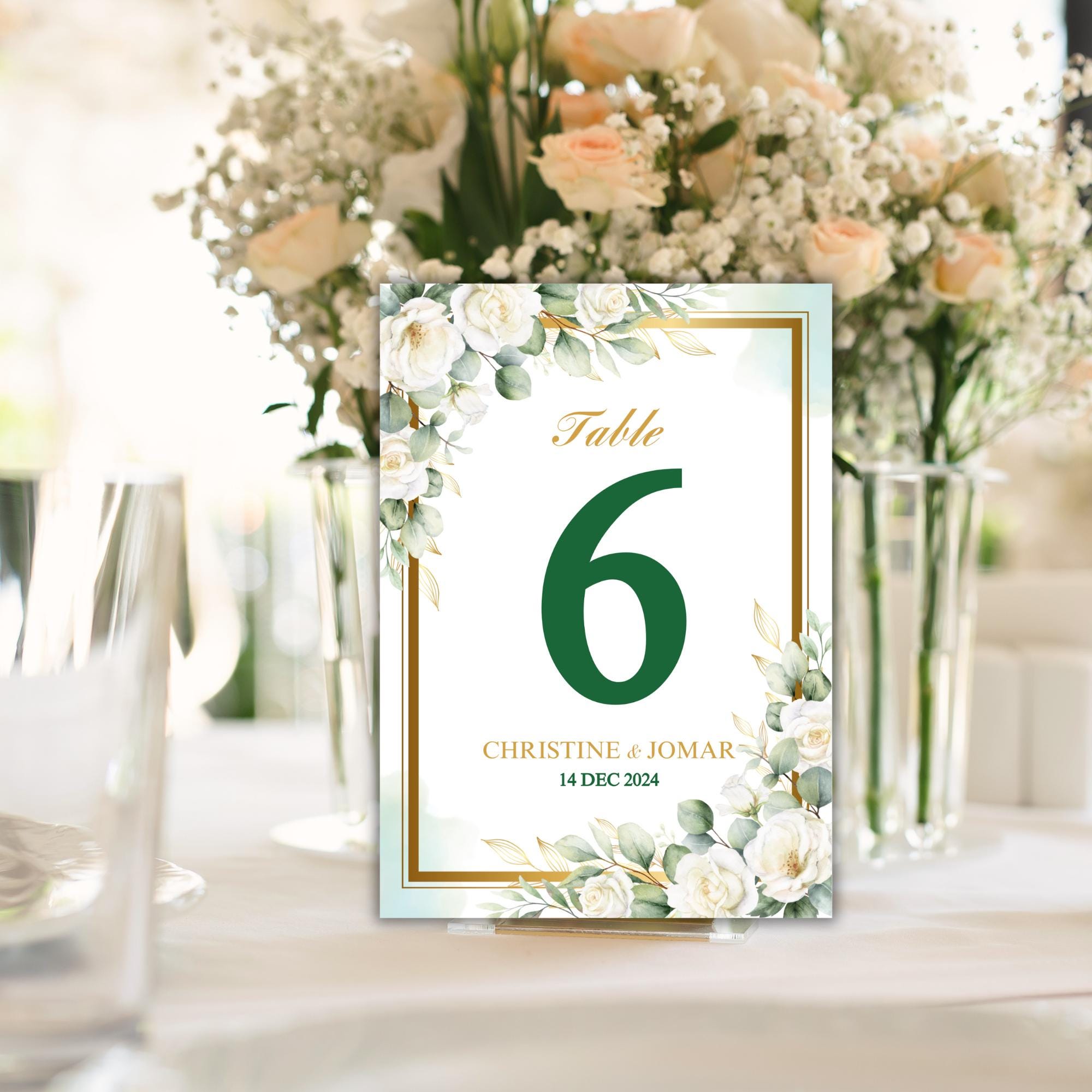 Editable Green and White Floral Table Number Template Digital Table Card Elegant Printable Wedding Decor Instant Download | CJ002