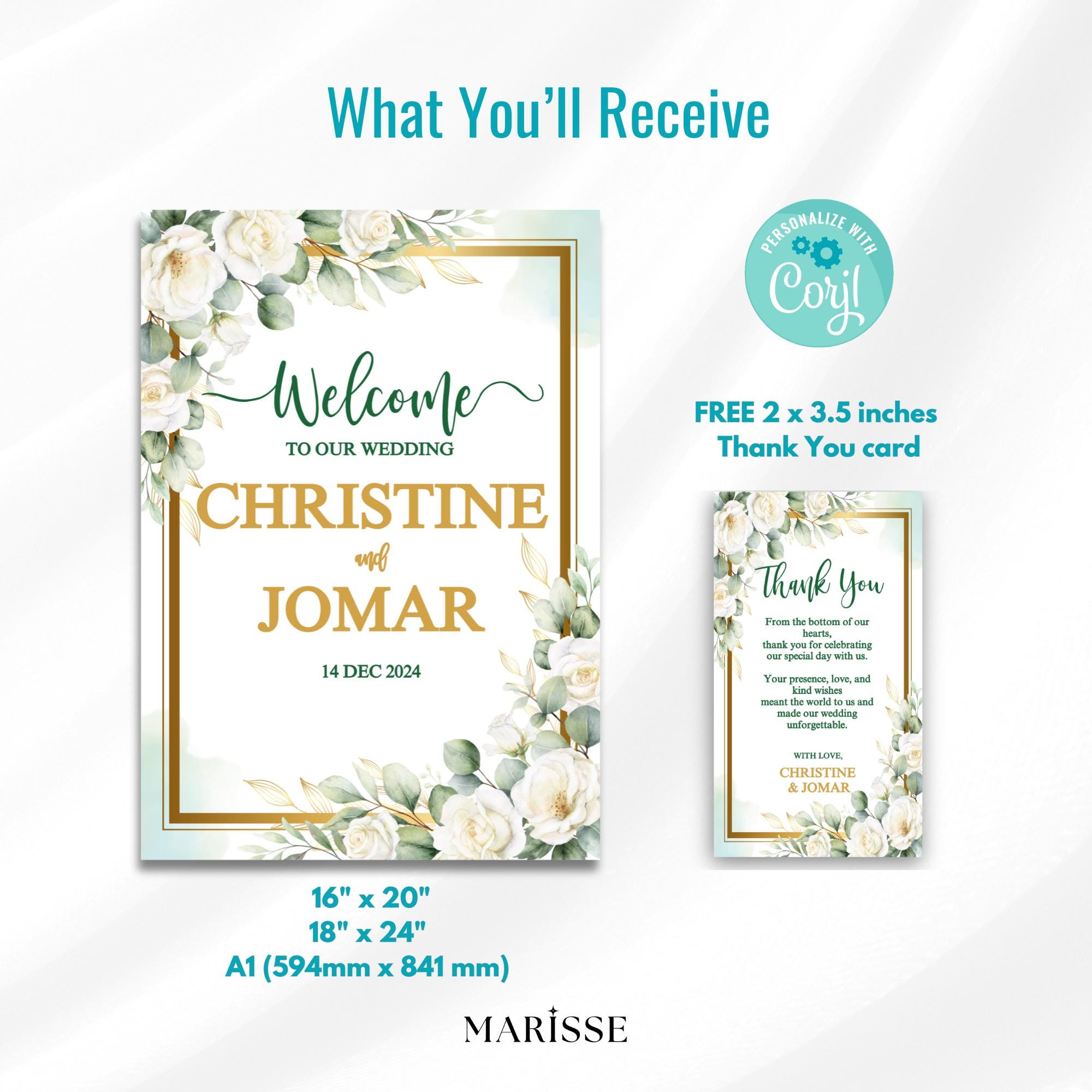 Editable Green Gold Floral Wedding Welcome Sign Elegant Wedding Signage Template Printable Digital Welcome Board Wedding Decor | CJ002