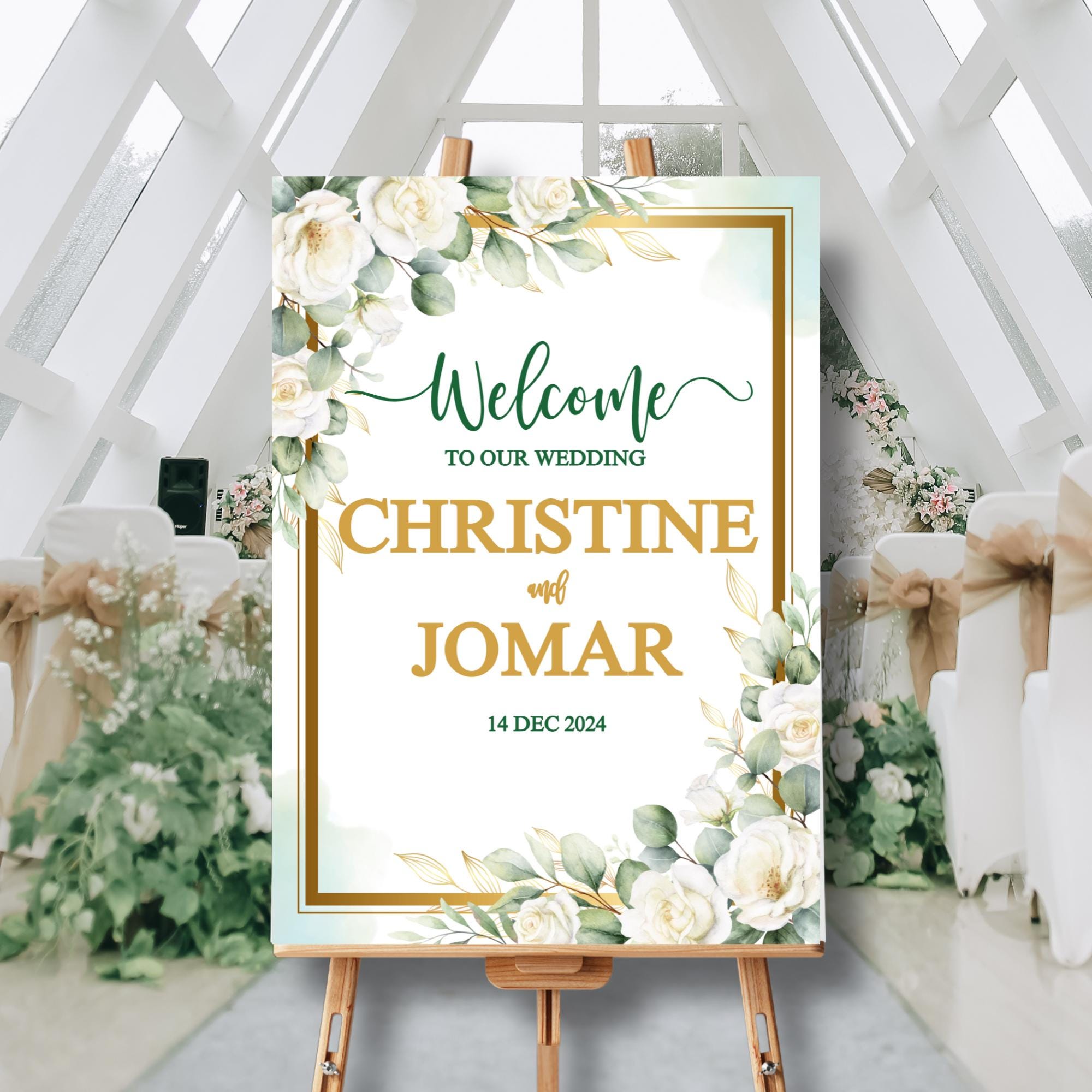 Editable Green Gold Floral Wedding Welcome Sign Elegant Wedding Signage Template Printable Digital Welcome Board Wedding Decor | CJ002