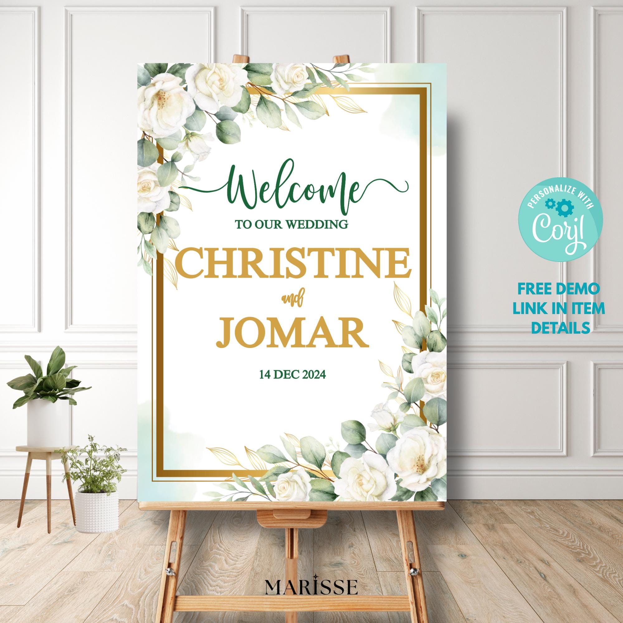 Editable Green Gold Floral Wedding Welcome Sign Elegant Wedding Signage Template Printable Digital Welcome Board Wedding Decor | CJ002