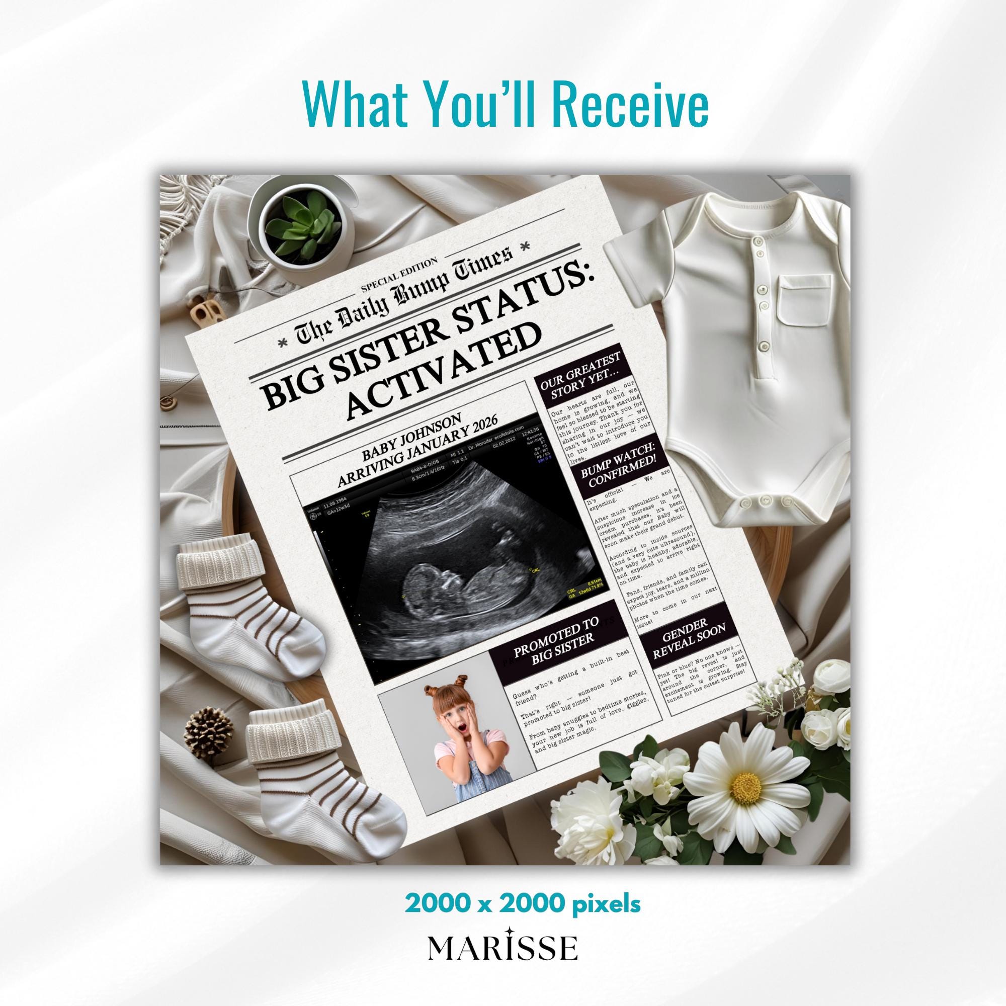 Promoted Sister Pregnancy Announcement Template | Digital Newspaper Baby Reveal | Sibling Baby Announcement | Promoted to Big Sister