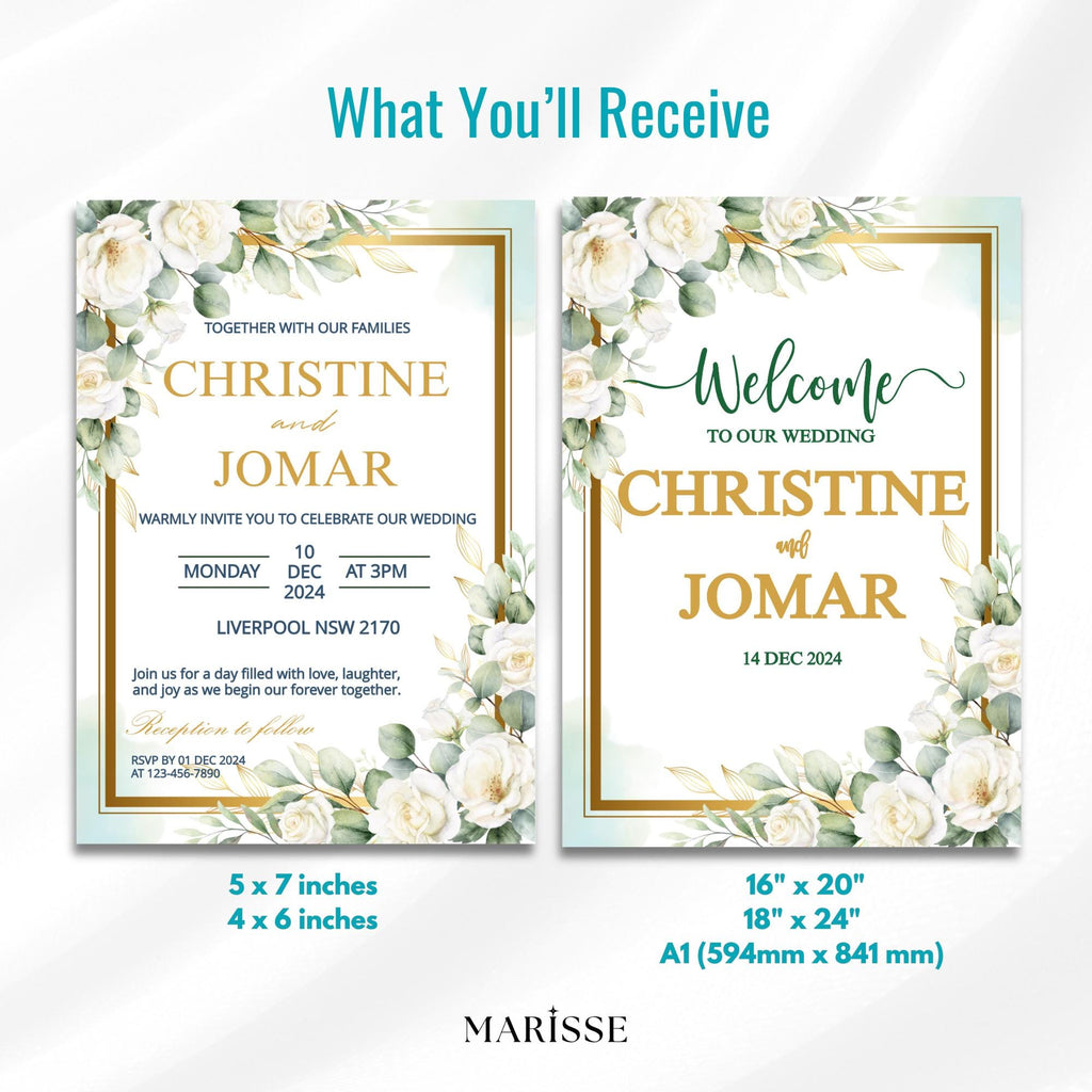 Editable Green Floral Wedding Bundle Template Welcome Sign Invitation Table Number & Thank You Card Green Wedding Set | CJ002