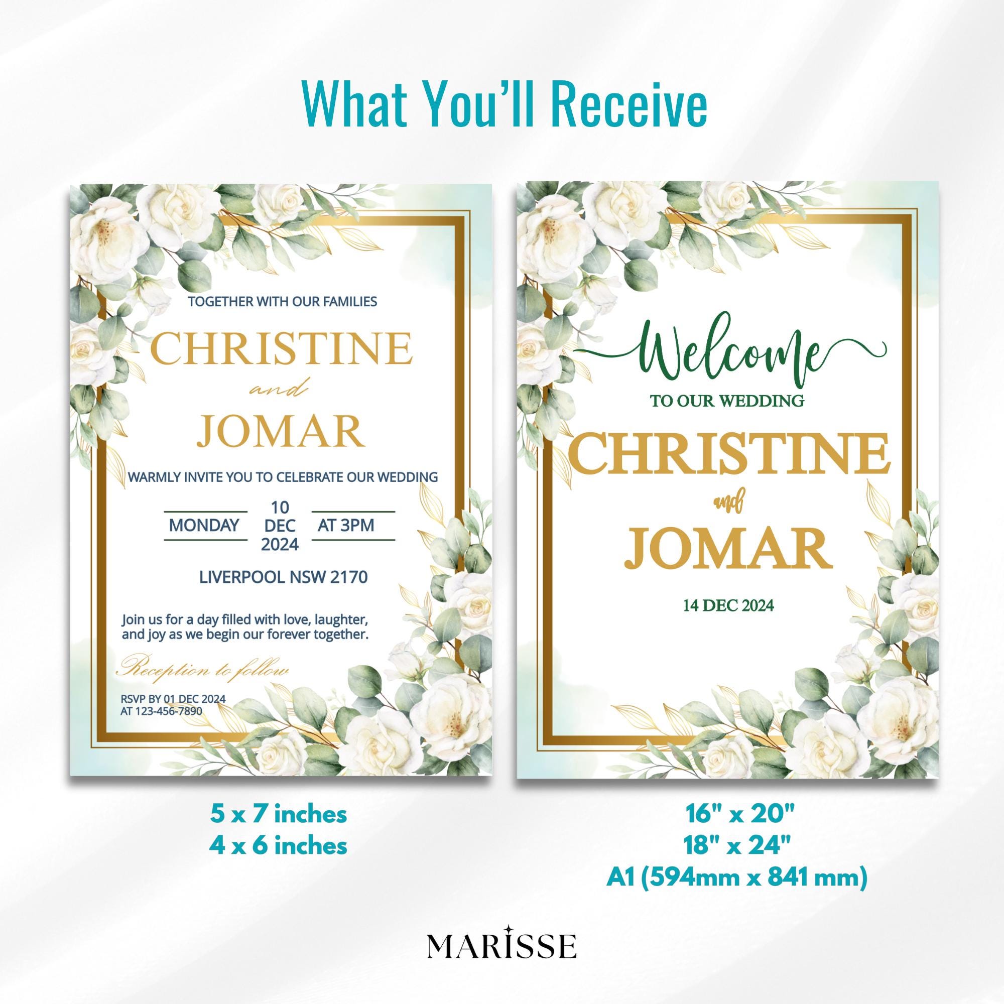Editable Green Floral Wedding Bundle Template Welcome Sign Invitation Table Number & Thank You Card Green Wedding Set | CJ002