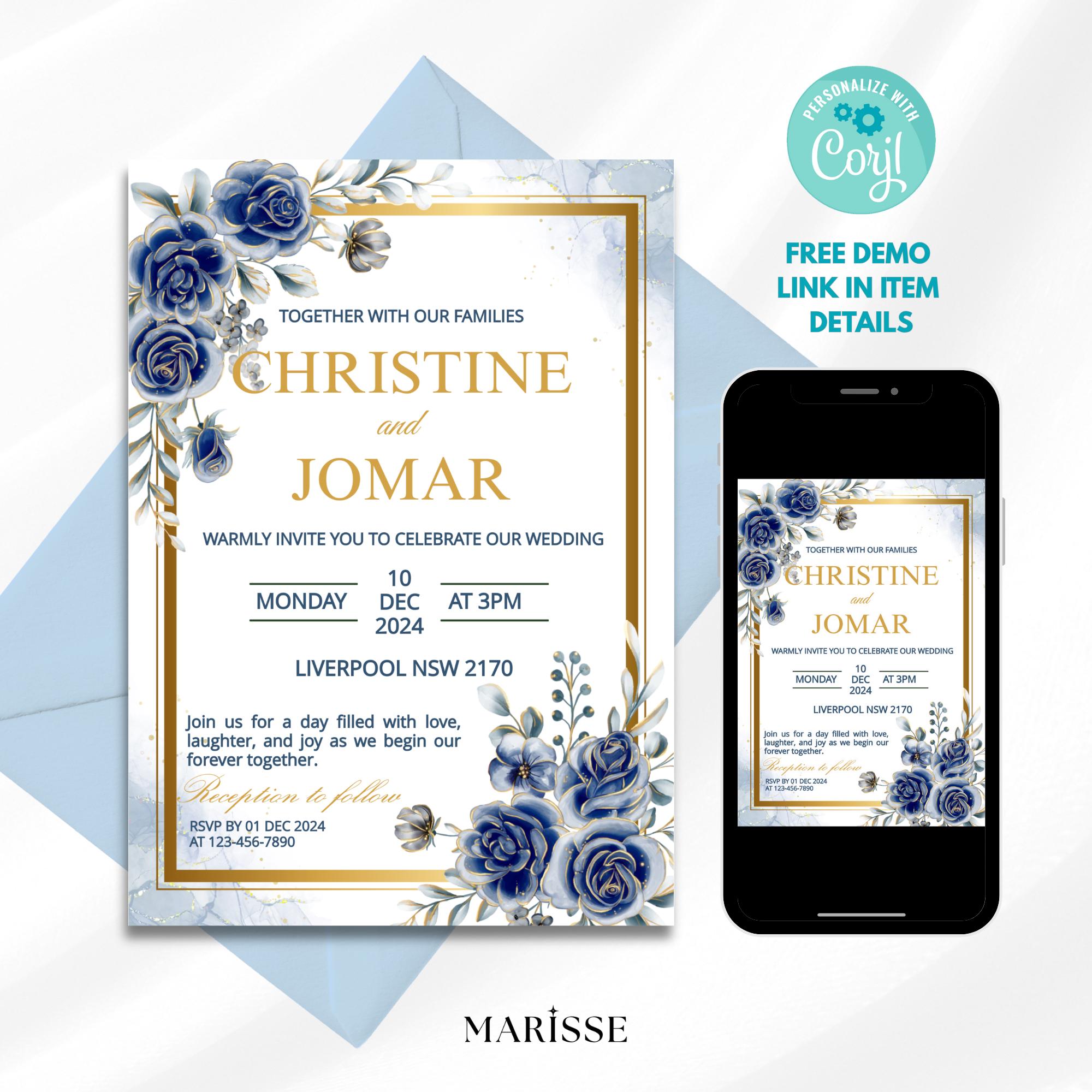 Editable Blue Gold Floral Wedding Invitation Elegant Printable Wedding Card Digital Download Classic Navy Wedding Invite | CJ004