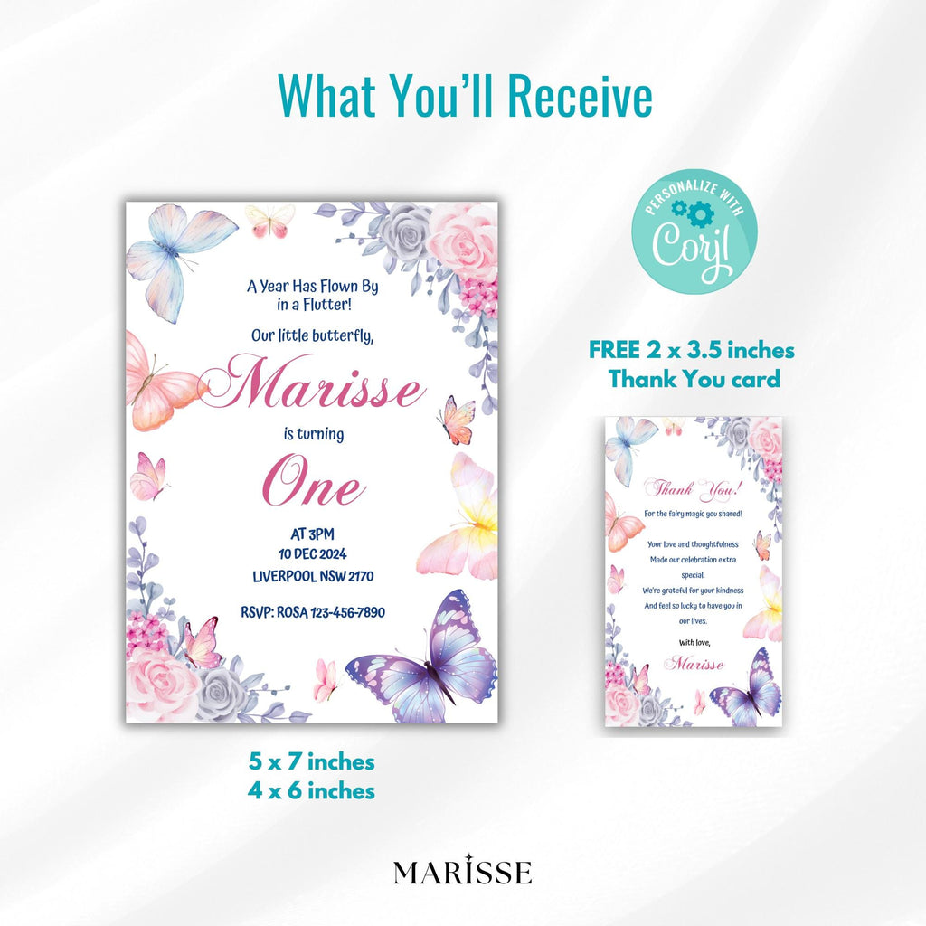 Butterfly 1st Birthday Invitation Girl | Editable Template | Flutter By Invite | Digital Download | Pink Floral Party Printable