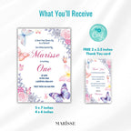 Butterfly 1st Birthday Invitation Girl | Editable Template | Flutter By Invite | Digital Download | Pink Floral Party Printable