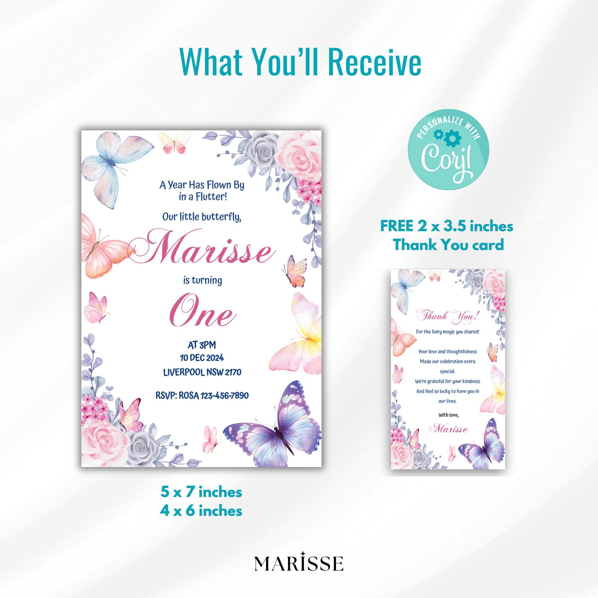 Butterfly 1st Birthday Invitation Girl | Editable Template | Flutter By Invite | Digital Download | Pink Floral Party Printable