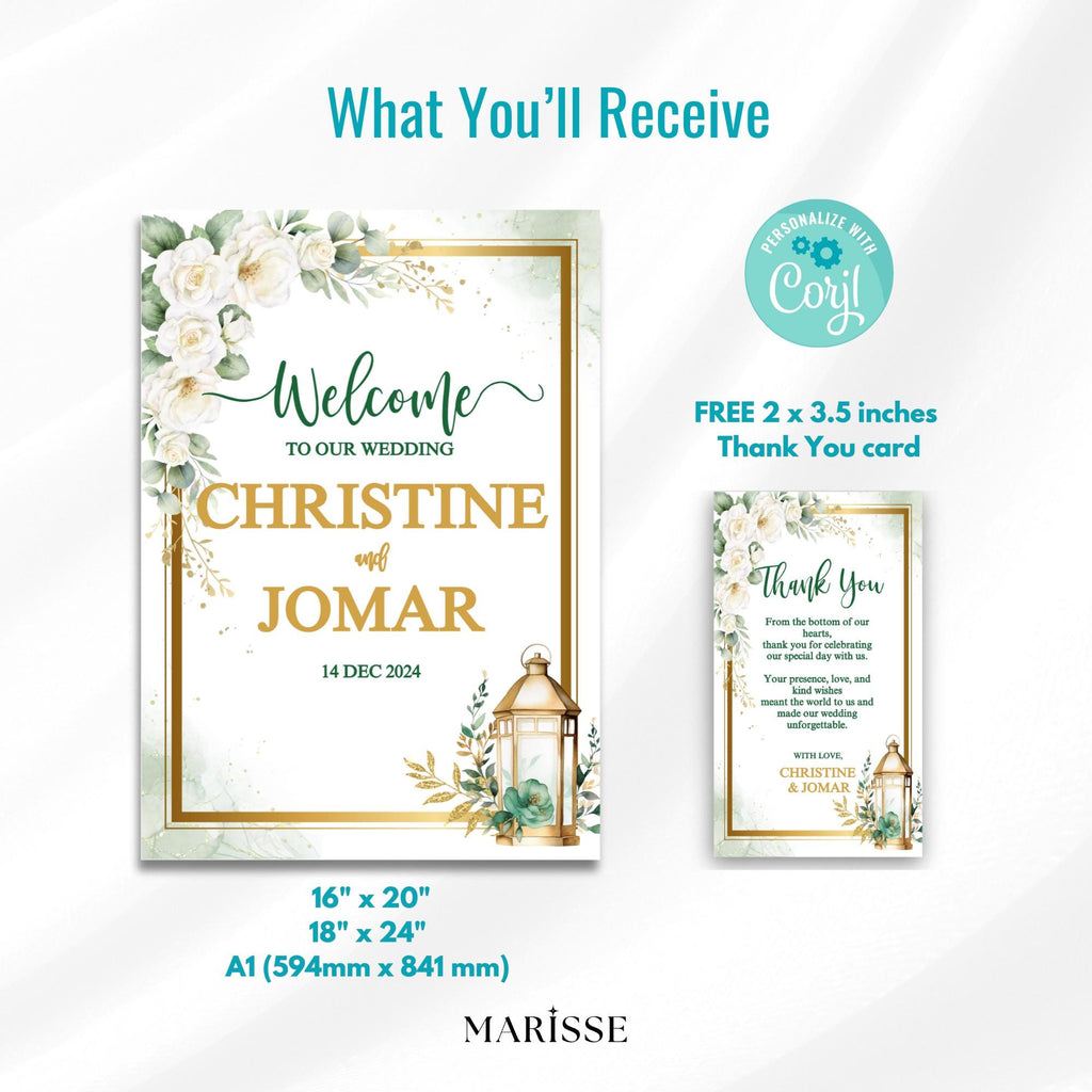 Editable Green Gold Floral Wedding Welcome Sign with Lantern Elegant Botanical Printable Sign Digital Download Wedding Decor | CJ003