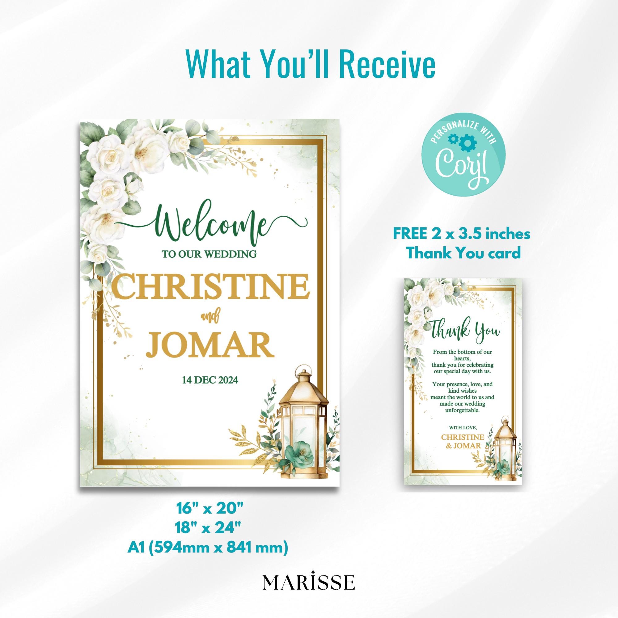Editable Green Gold Floral Wedding Welcome Sign with Lantern Elegant Botanical Printable Sign Digital Download Wedding Decor | CJ003