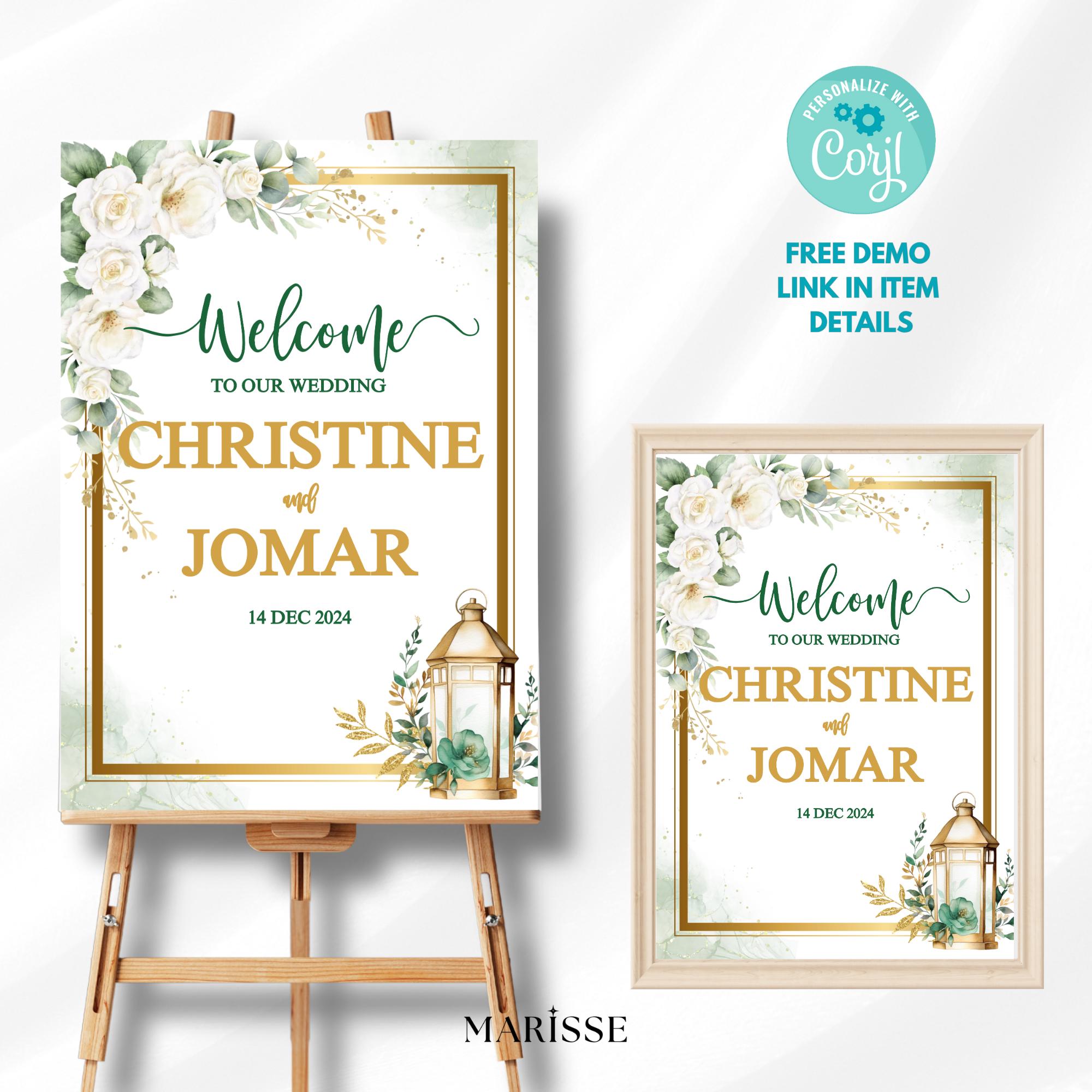 Editable Green Gold Floral Wedding Welcome Sign with Lantern Elegant Botanical Printable Sign Digital Download Wedding Decor | CJ003