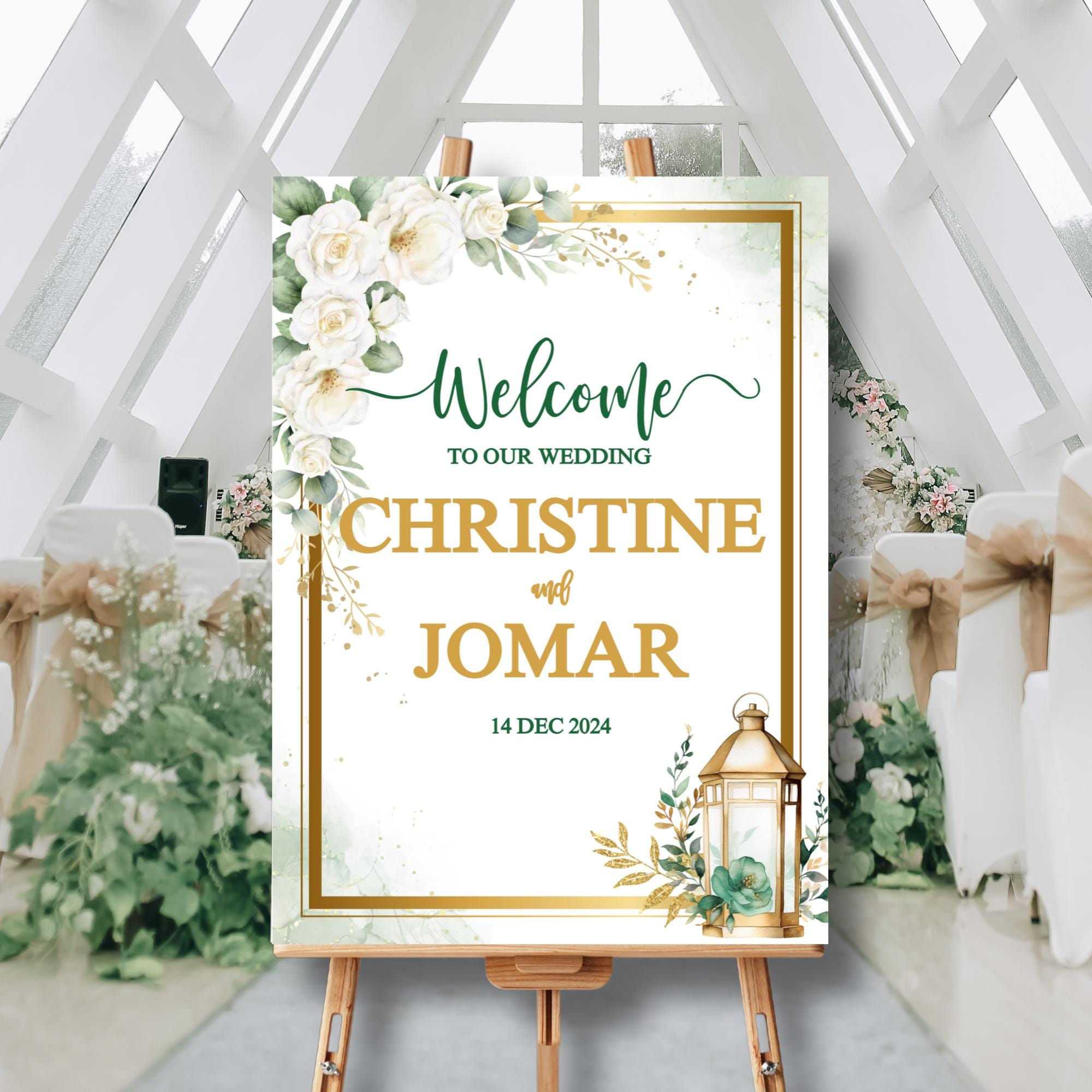 Editable Green Gold Floral Wedding Welcome Sign with Lantern Elegant Botanical Printable Sign Digital Download Wedding Decor | CJ003