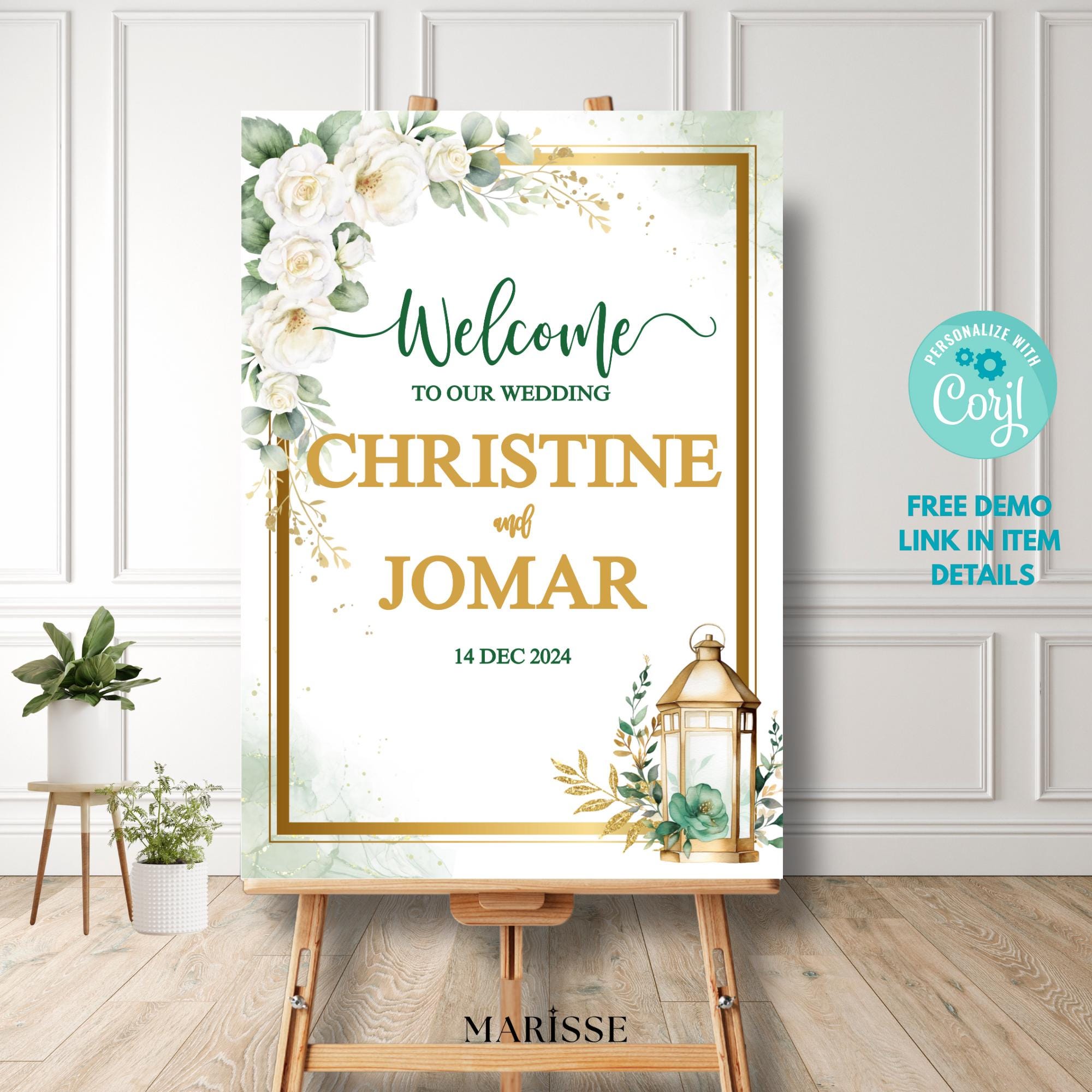 Editable Green Gold Floral Wedding Welcome Sign with Lantern Elegant Botanical Printable Sign Digital Download Wedding Decor | CJ003