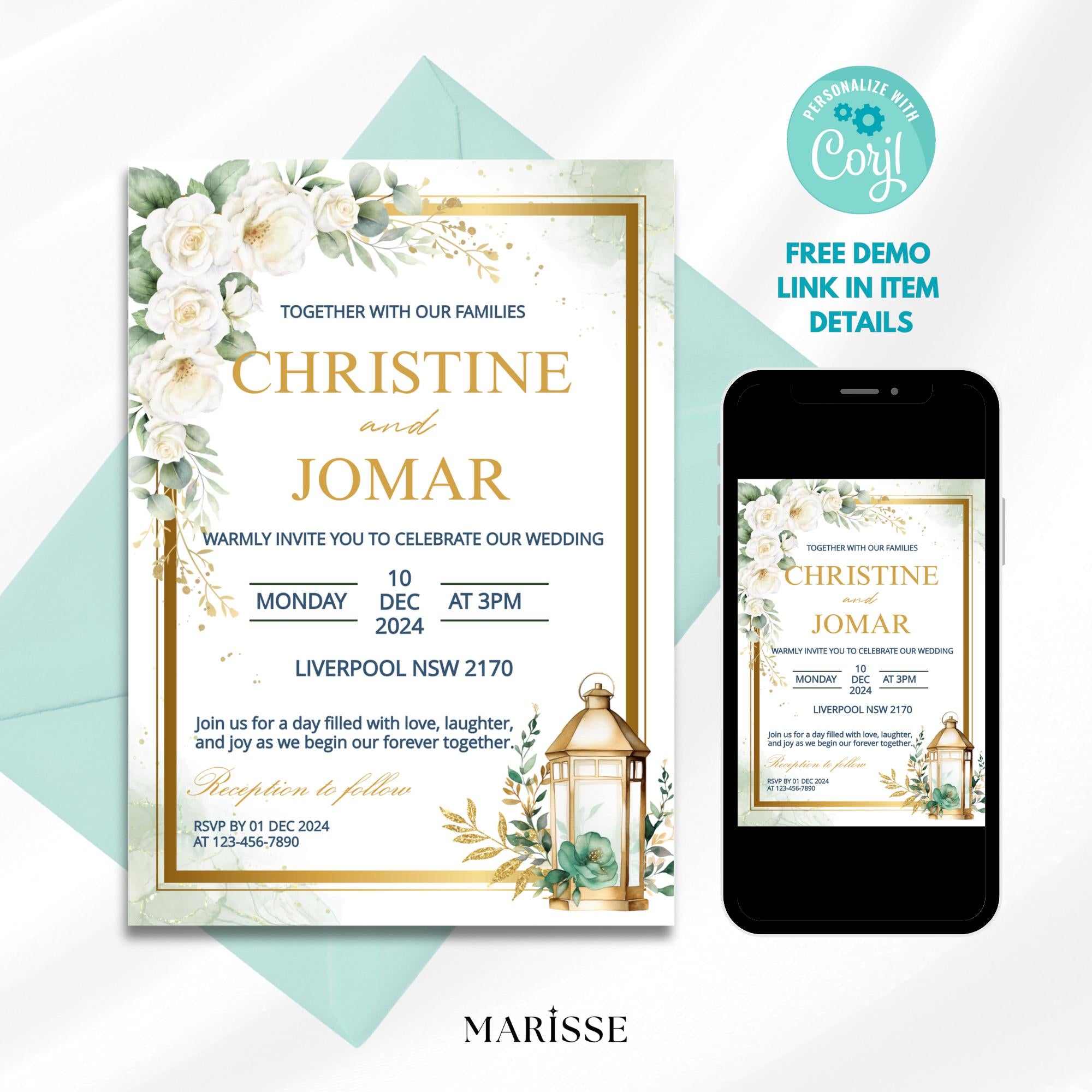 Editable Green Gold Floral Wedding Bundle with Lantern Welcome Sign Invitation Table Number & Thank You Card Digital Templates | CJ003