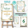 Editable Green Gold Floral Wedding Bundle with Lantern Welcome Sign Invitation Table Number & Thank You Card Digital Templates | CJ003