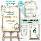 Editable Green Gold Floral Wedding Bundle with Lantern Welcome Sign Invitation Table Number & Thank You Card Digital Templates | CJ003