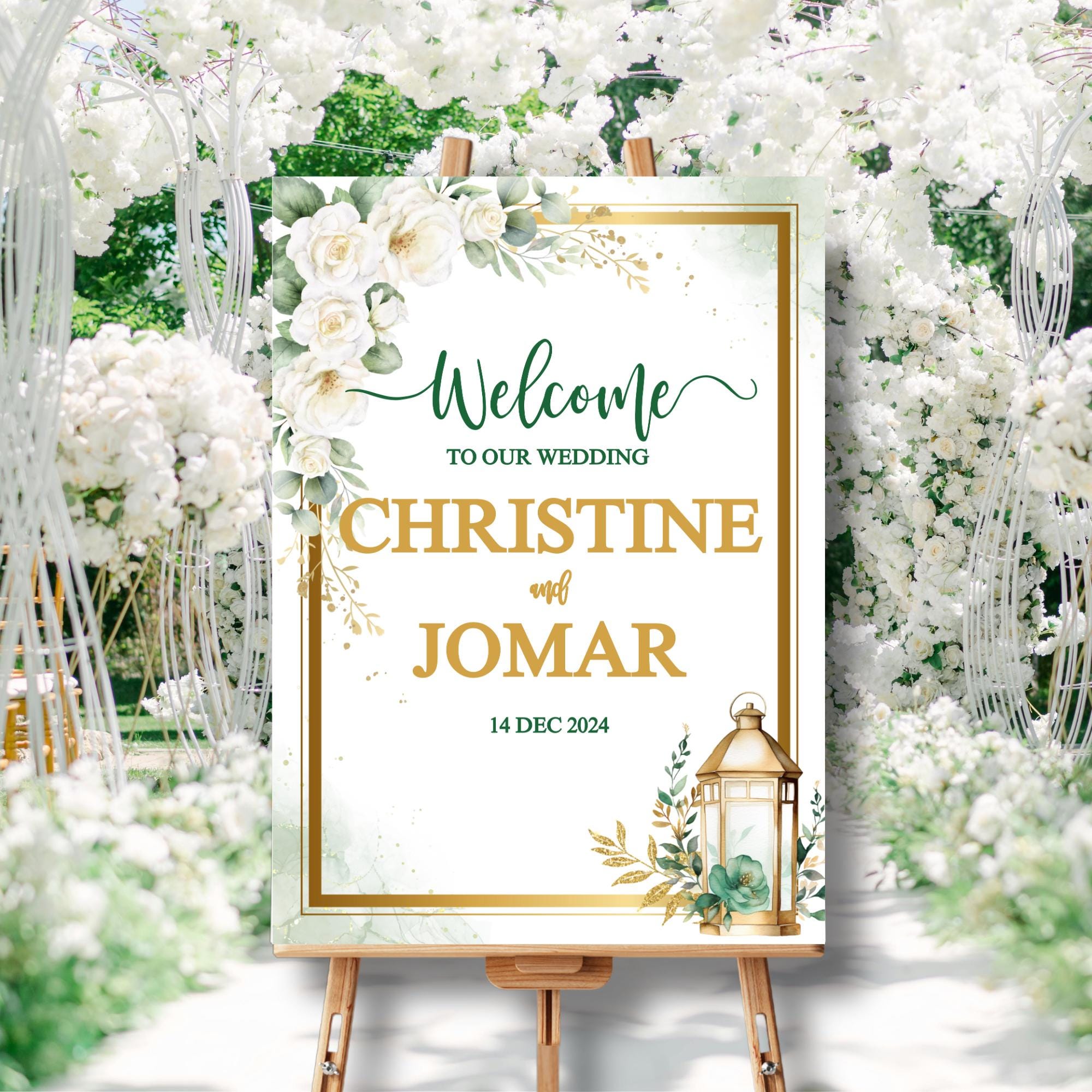 Editable Green Gold Floral Wedding Bundle with Lantern Welcome Sign Invitation Table Number & Thank You Card Digital Templates | CJ003