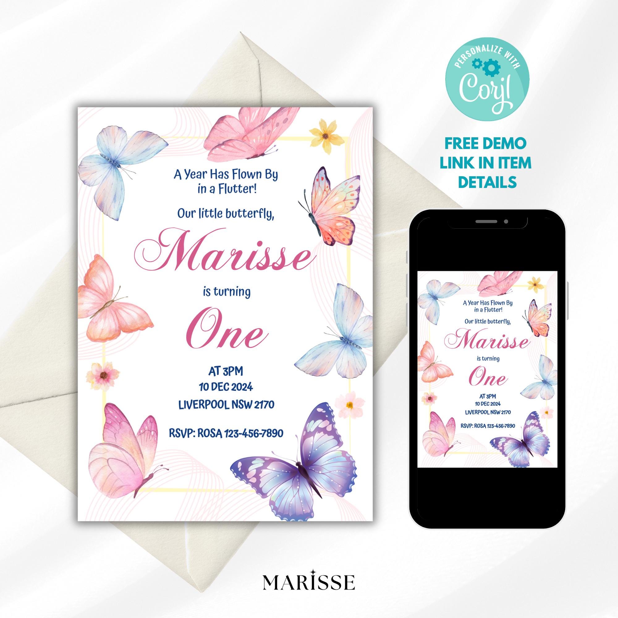 Butterfly Birthday Invitation Girl | Spring Floral Garden Party Invite | Editable Template | 1st Birthday Digital Download Printable