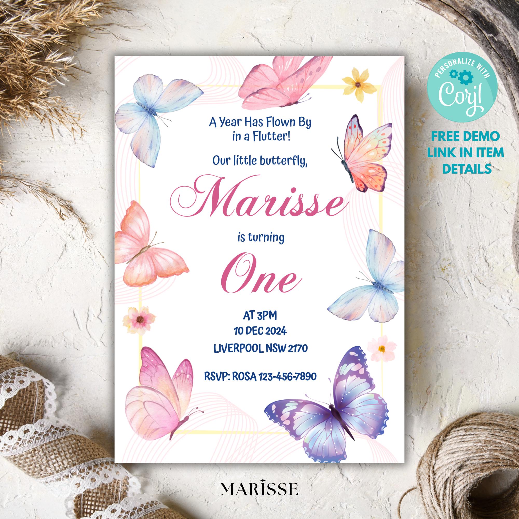 Butterfly Birthday Invitation Girl | Spring Floral Garden Party Invite | Editable Template | 1st Birthday Digital Download Printable