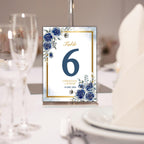 Editable Navy Blue Floral Table Number Template | Elegant Wedding Table Card | Printable Digital Download | Gold Border Table Sign | CJ004