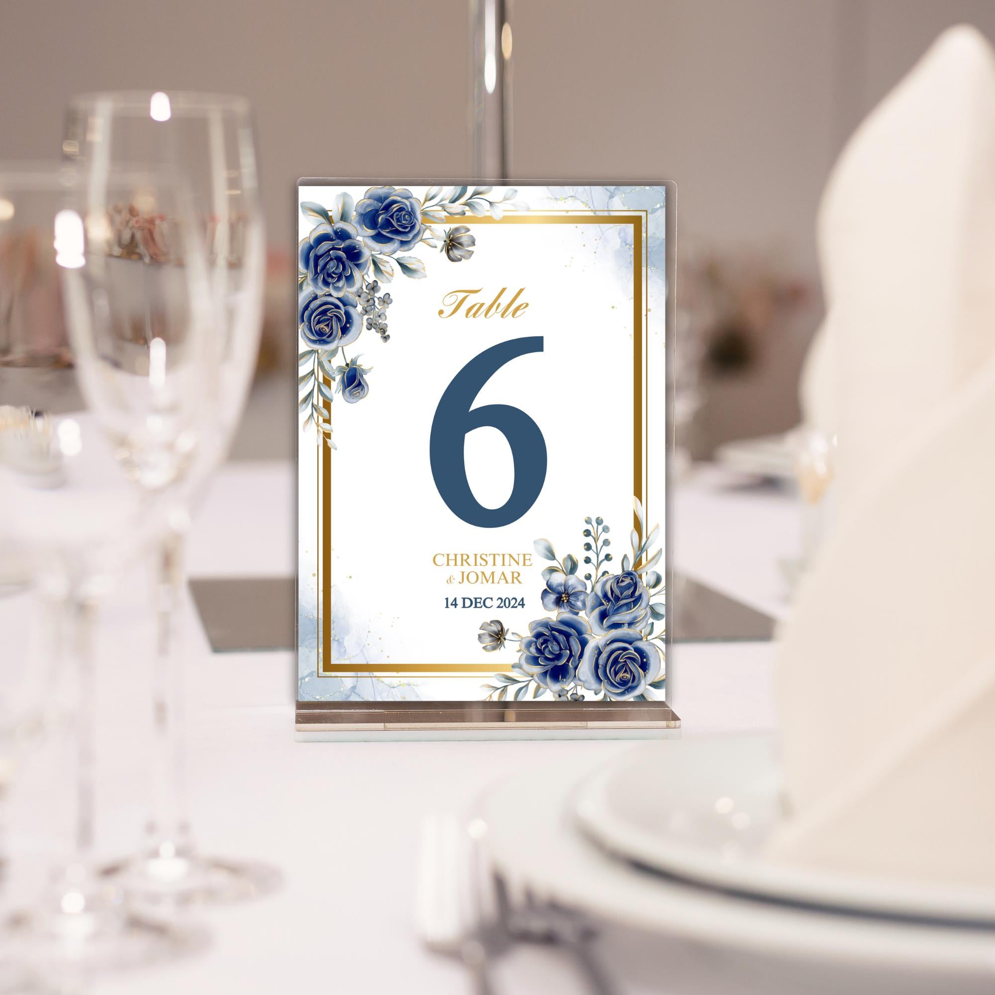 Editable Navy Blue Floral Table Number Template | Elegant Wedding Table Card | Printable Digital Download | Gold Border Table Sign | CJ004
