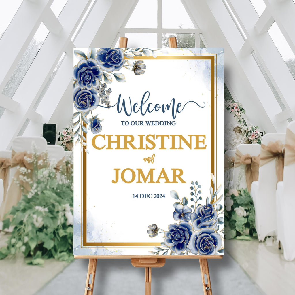 Editable Blue Floral Wedding Welcome Sign | Elegant Navy Gold Welcome Board | Printable Digital Download | Custom Wedding Decor| CJ004