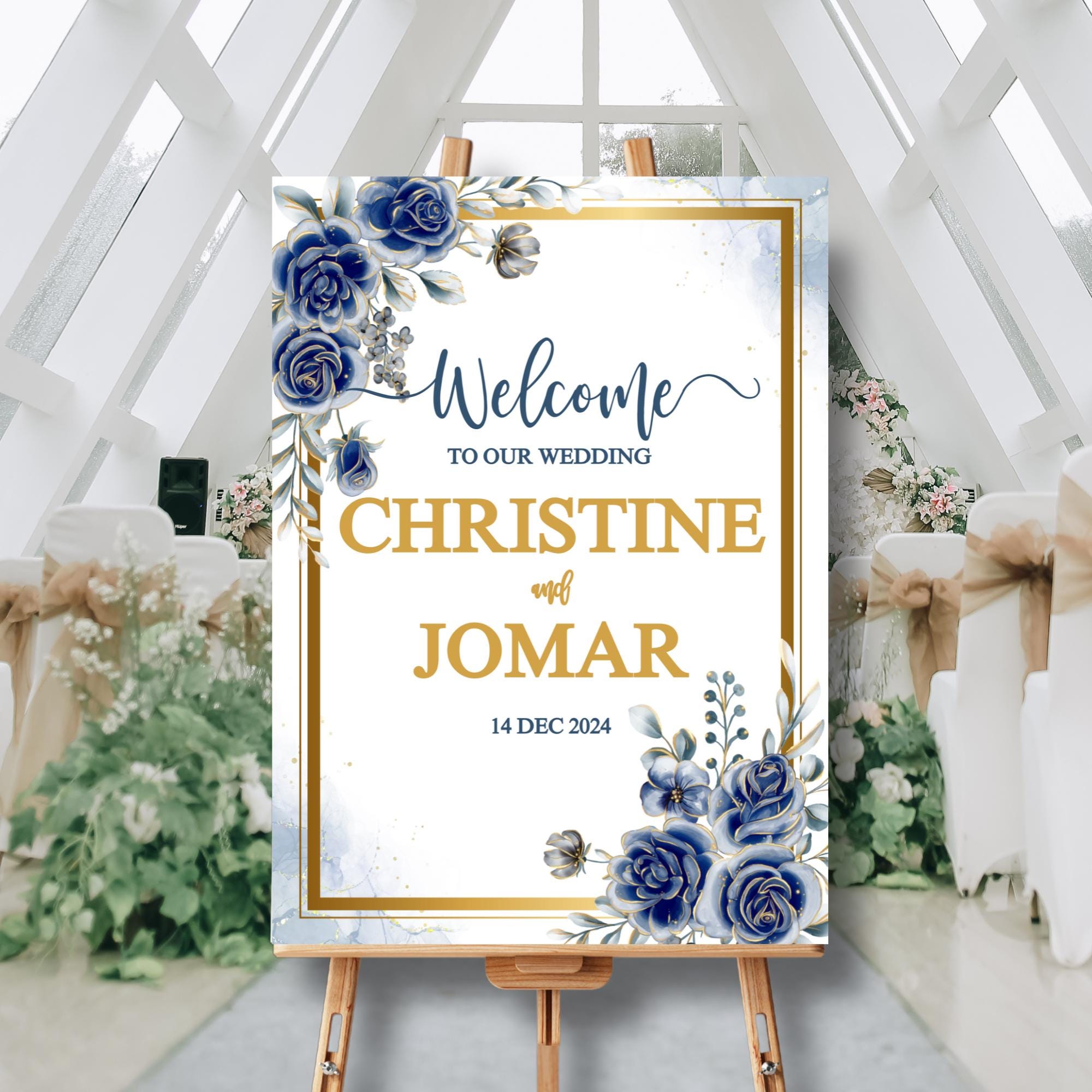 Editable Blue Floral Wedding Welcome Sign | Elegant Navy Gold Welcome Board | Printable Digital Download | Custom Wedding Decor| CJ004