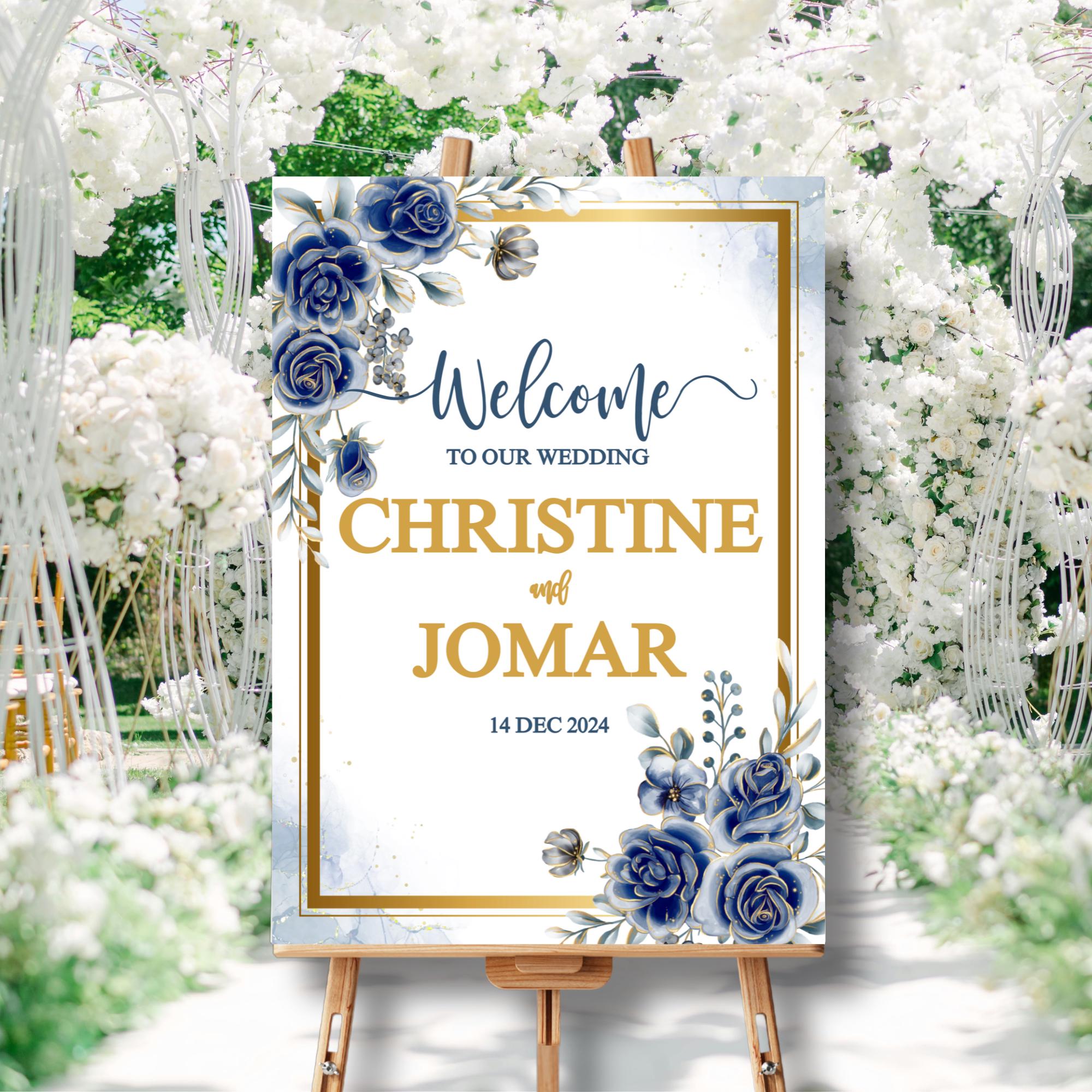 Editable Blue Floral Wedding Welcome Sign | Elegant Navy Gold Welcome Board | Printable Digital Download | Custom Wedding Decor| CJ004