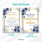 Editable Blue Floral Wedding Bundle | Welcome Sign, Invitation, Table Number & Thank You Card | Elegant Navy Gold Digital Templates | CJ004