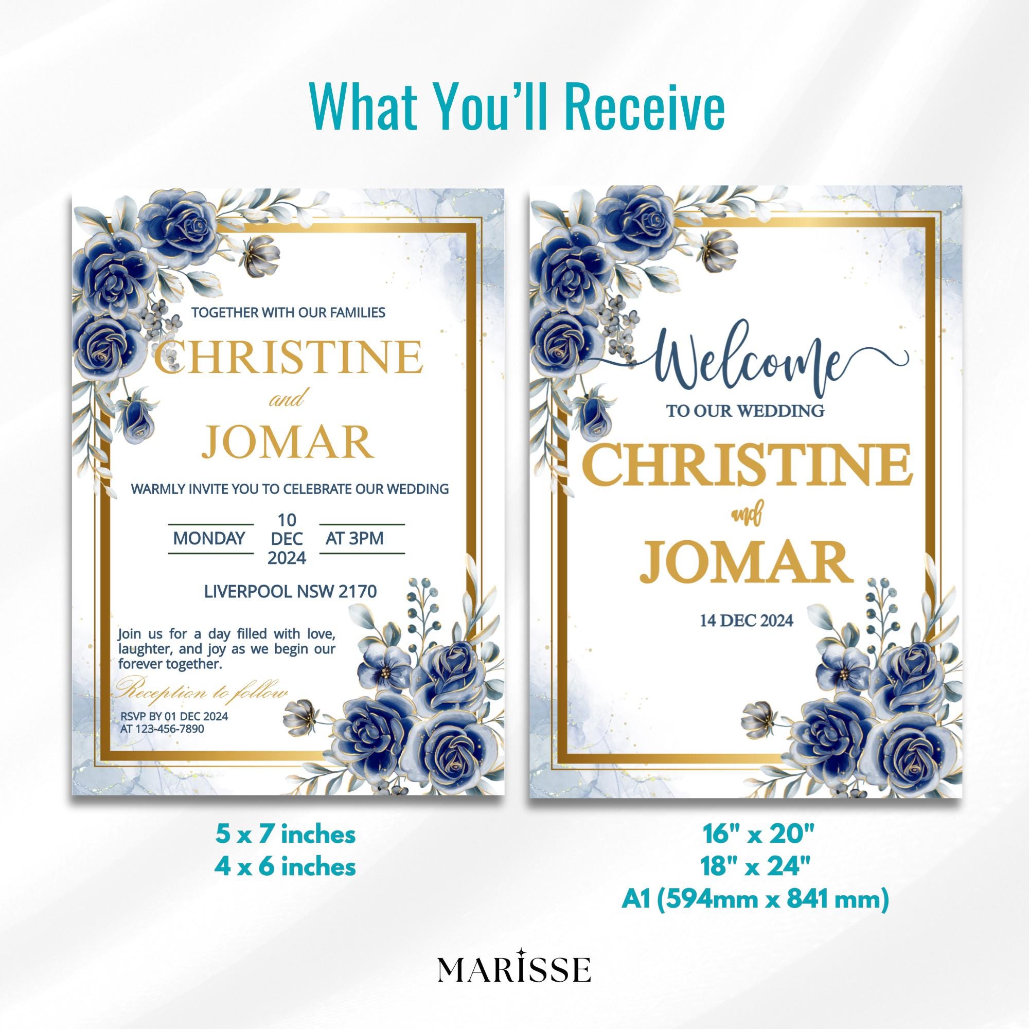 Editable Blue Floral Wedding Bundle | Welcome Sign, Invitation, Table Number & Thank You Card | Elegant Navy Gold Digital Templates | CJ004
