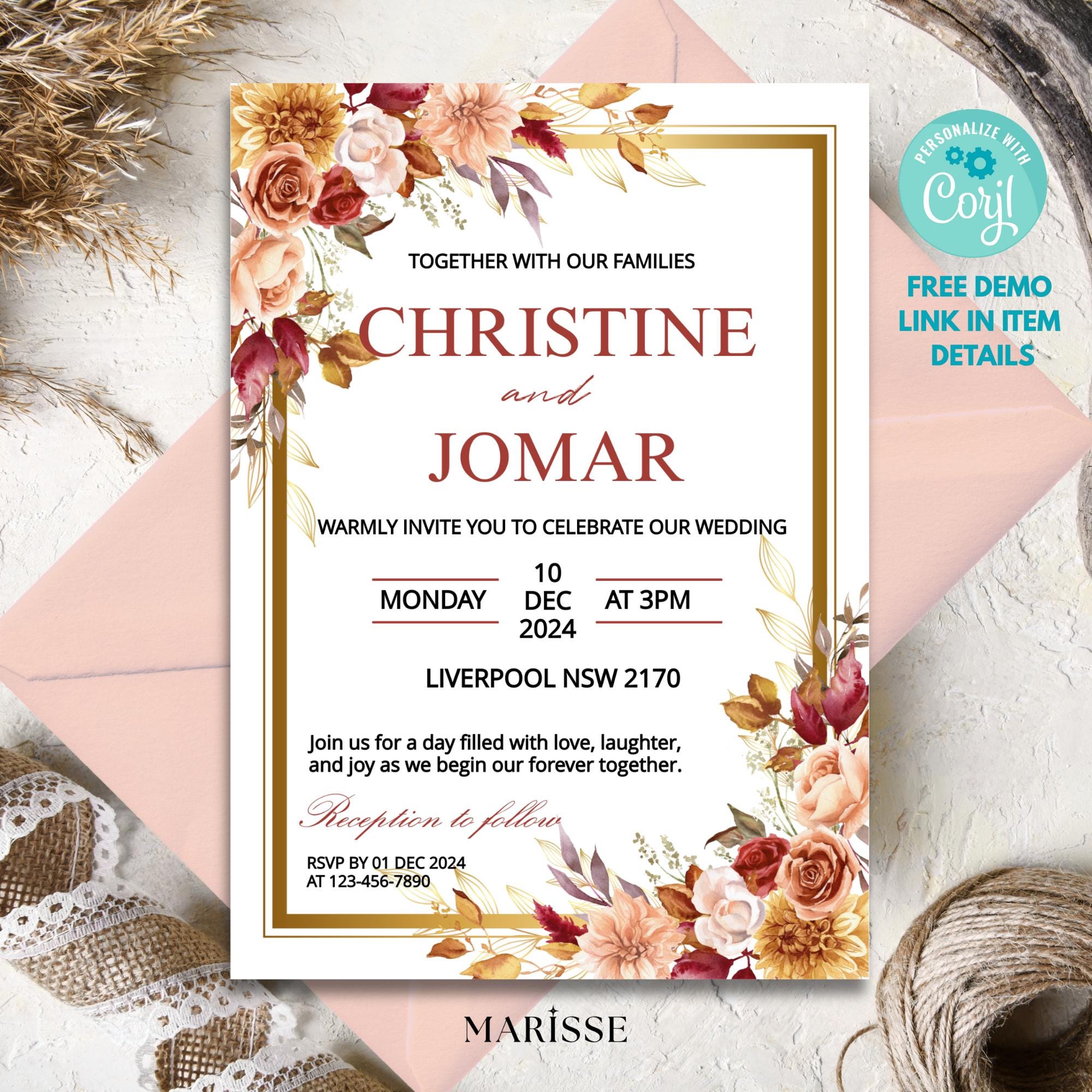 Editable Elegant Floral Wedding Invitation | Burgundy & Blush Invite | Digital Wedding Invitation Template | Digital Products | CJ005