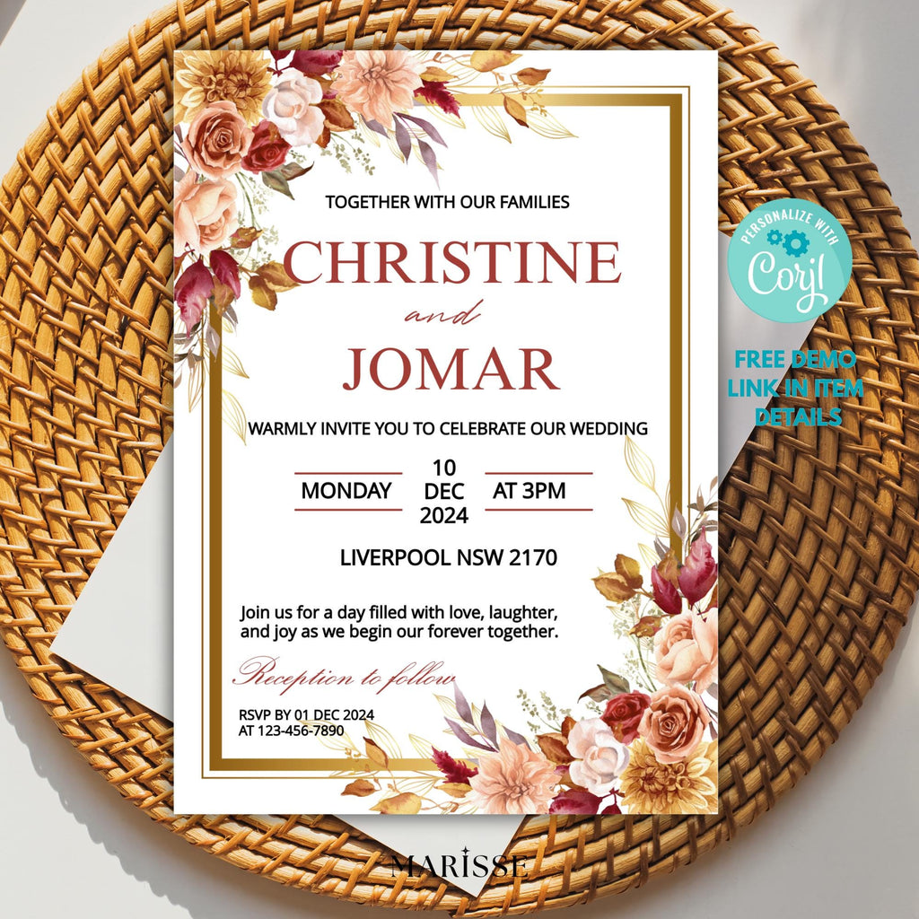 Editable Elegant Floral Wedding Invitation | Burgundy & Blush Invite | Digital Wedding Invitation Template | Digital Products | CJ005
