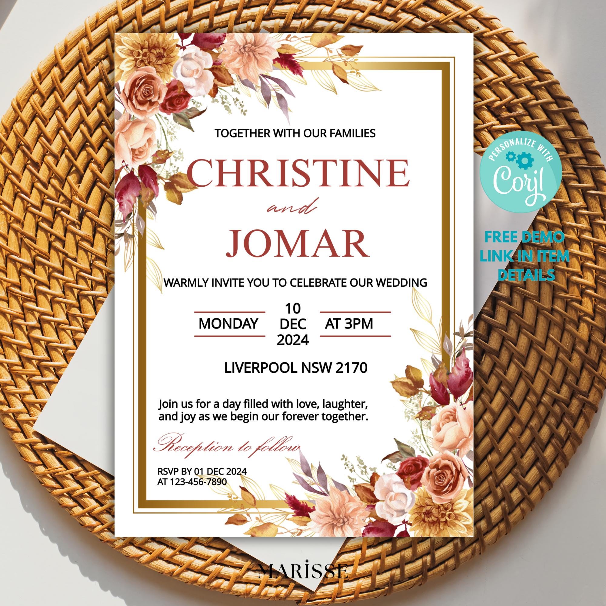 Editable Elegant Floral Wedding Invitation | Burgundy & Blush Invite | Digital Wedding Invitation Template | Digital Products | CJ005