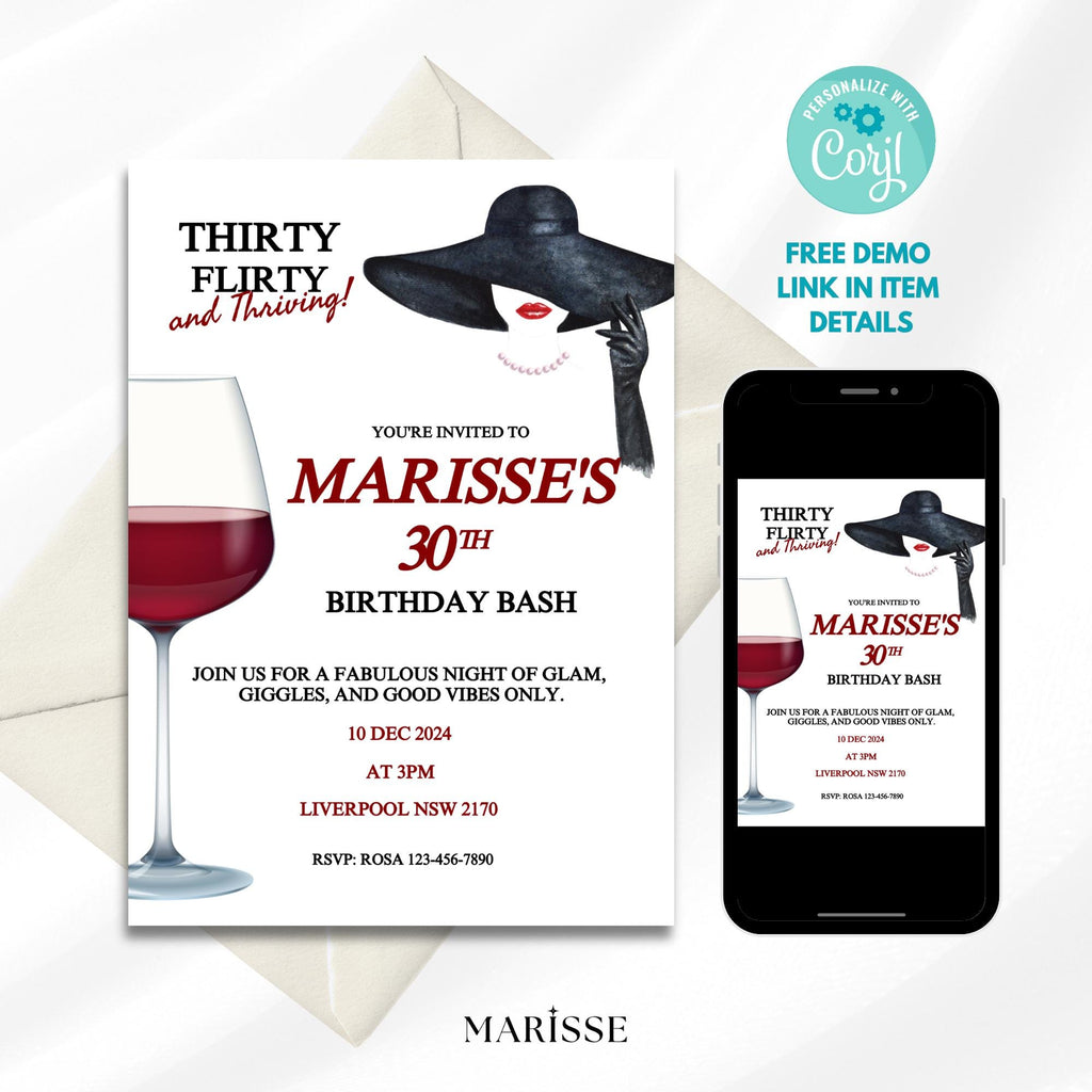 Red & Black 30th Birthday Invitation Template Elegant Digital Party Invite for Her Birthday Invite | 30th Birthday Digital Product