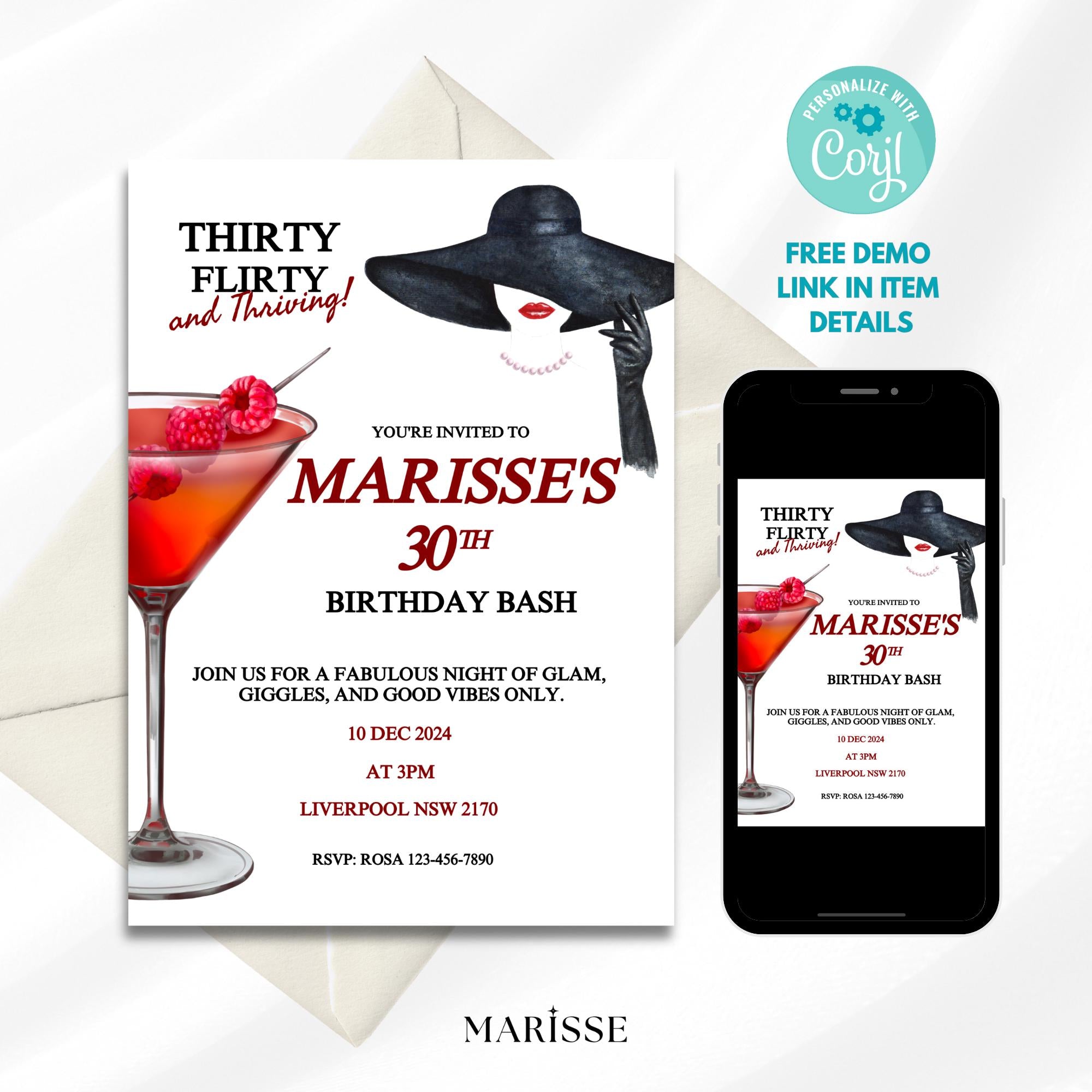 30th Birthday Invitation Red & Black Martini Theme Party Invite Digital Download Birthday Card  Thirty and Thriving Template