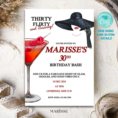 30th Birthday Invitation Red & Black Martini Theme Party Invite Digital Download Birthday Card  Thirty and Thriving Template