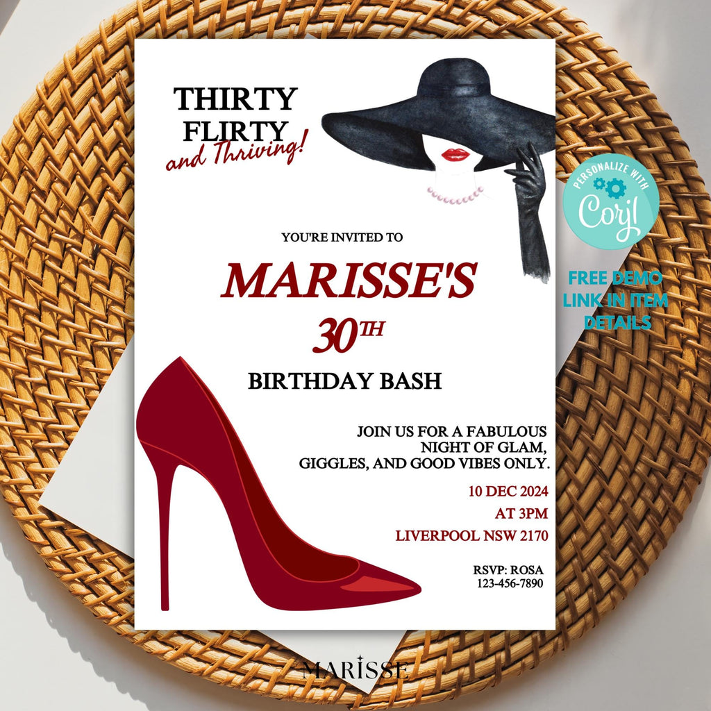 Editable 30th Birthday Invitation Template Red Heels Flirty Digital Invite Printable Birthday Party Card Thirty and Thriving Party Decor