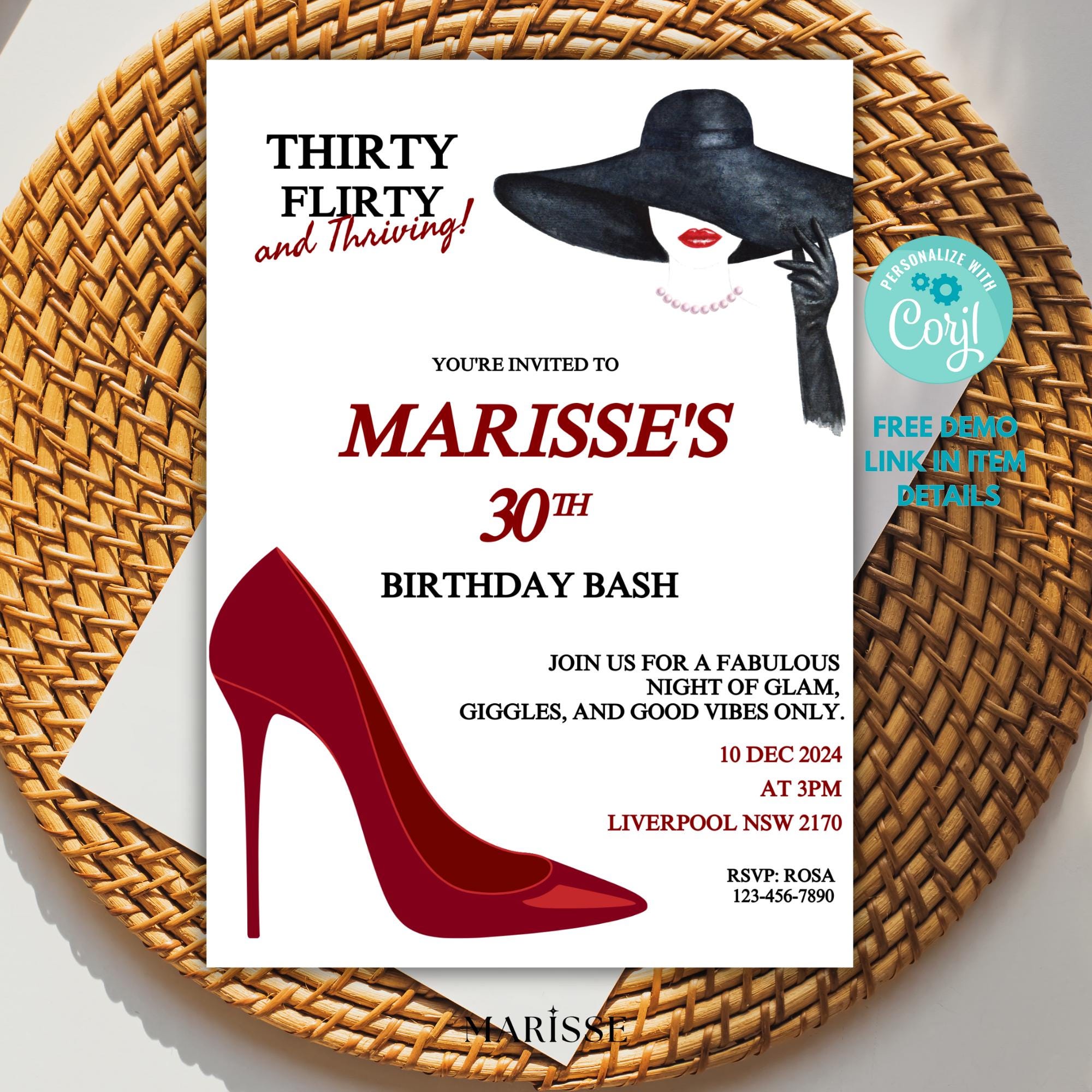 Editable 30th Birthday Invitation Template Red Heels Flirty Digital Invite Printable Birthday Party Card Thirty and Thriving Party Decor