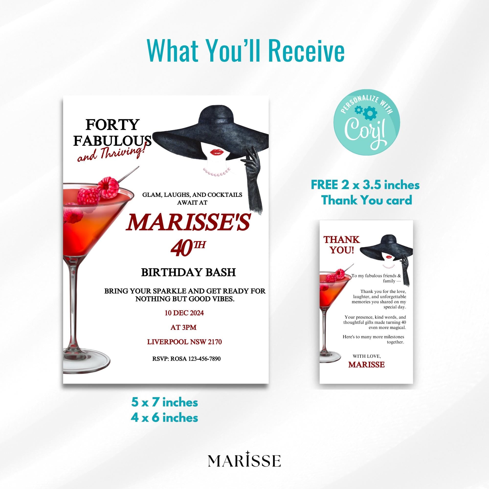 Forty and Fabulous 40th Birthday Invitation Template Digital Download Cocktail Party Invite for Women Glamorous Birthday Bash Editable