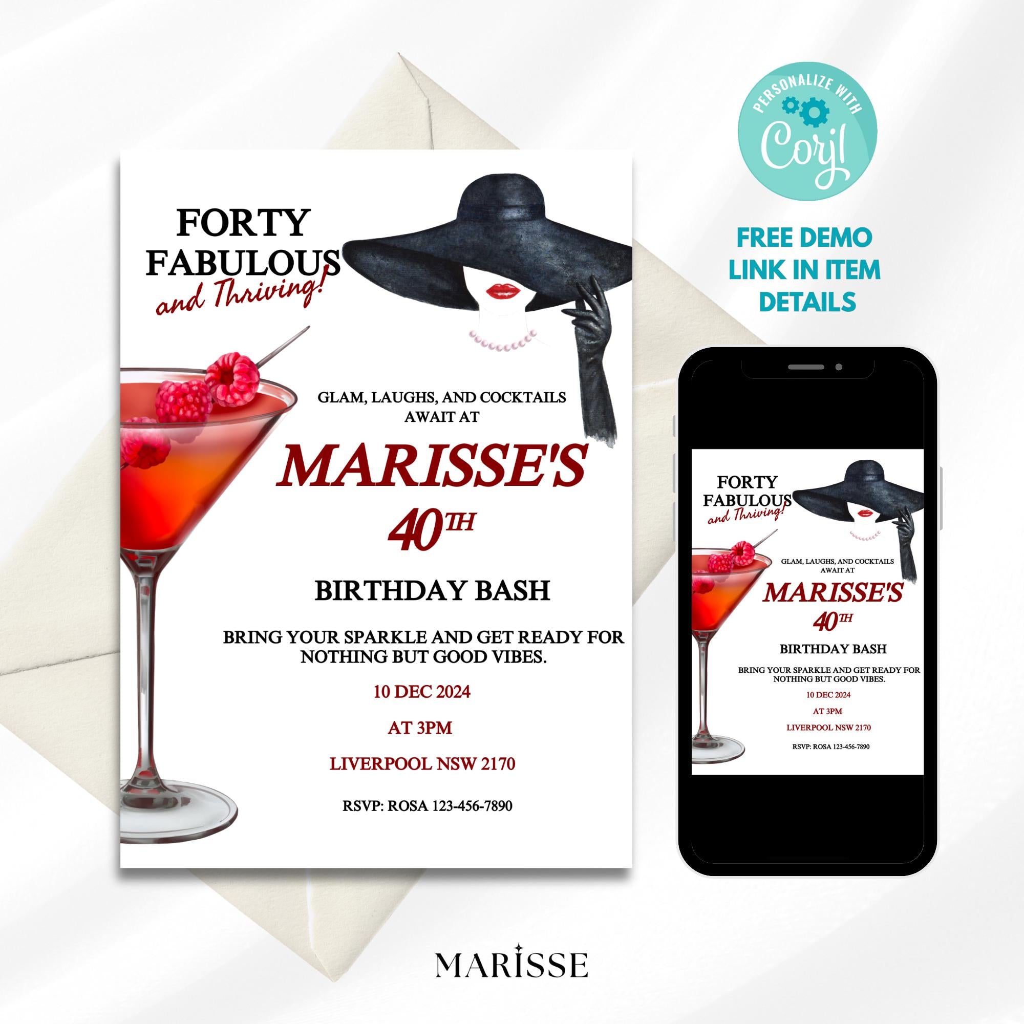 Forty and Fabulous 40th Birthday Invitation Template Digital Download Cocktail Party Invite for Women Glamorous Birthday Bash Editable