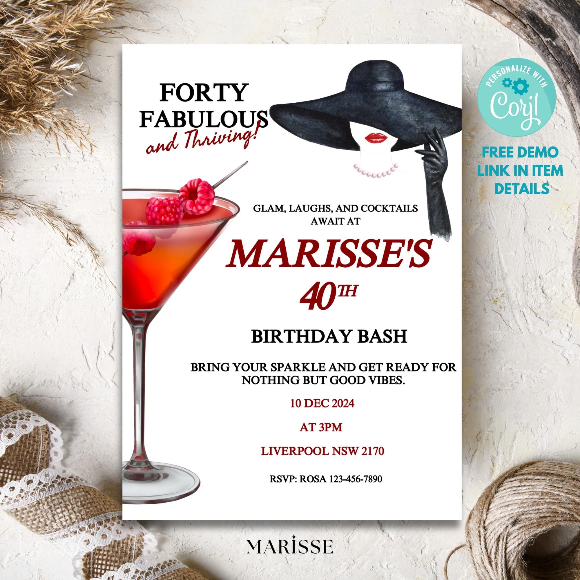 Forty and Fabulous 40th Birthday Invitation Template Digital Download Cocktail Party Invite for Women Glamorous Birthday Bash Editable