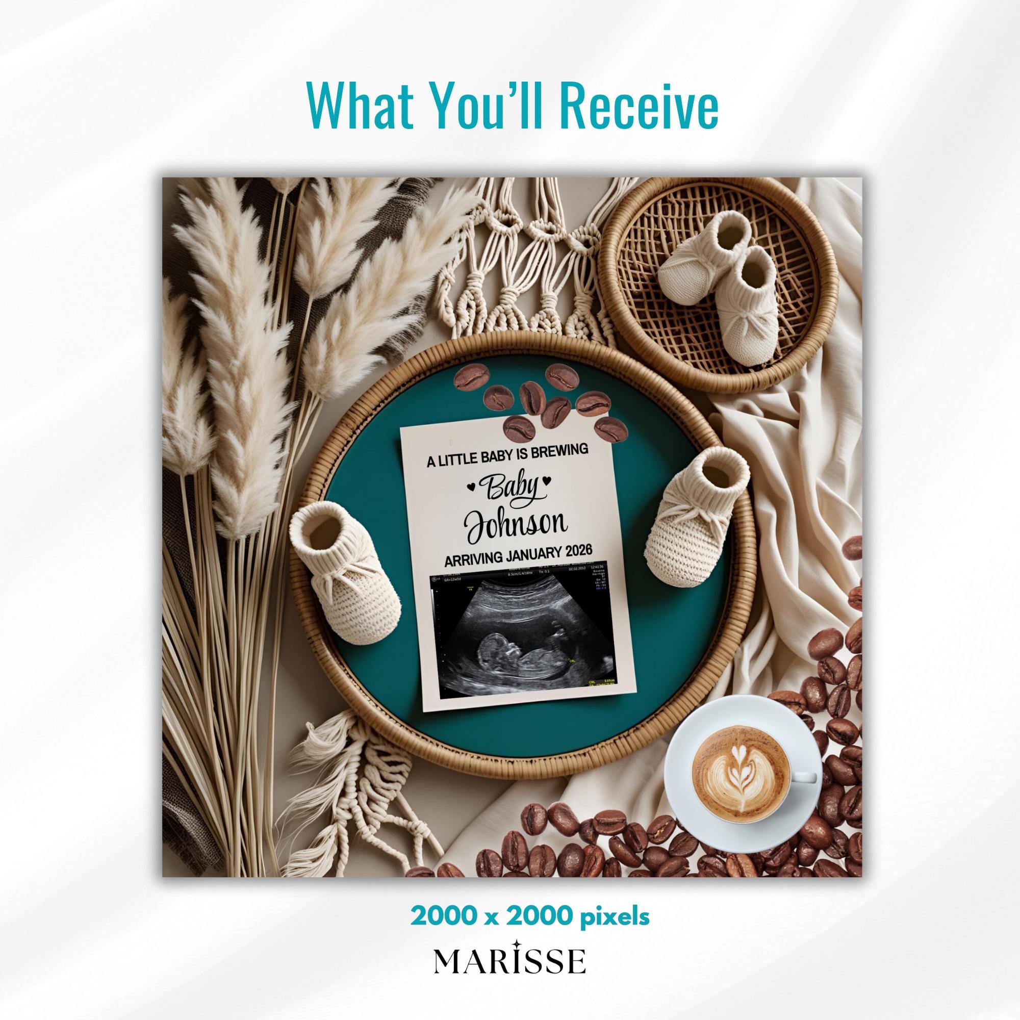 Boho Coffee Pregnancy Announcement Template, Baby is Brewing Baby Announcement, Editable Digital Download, Social Media Pregnancy Reveal