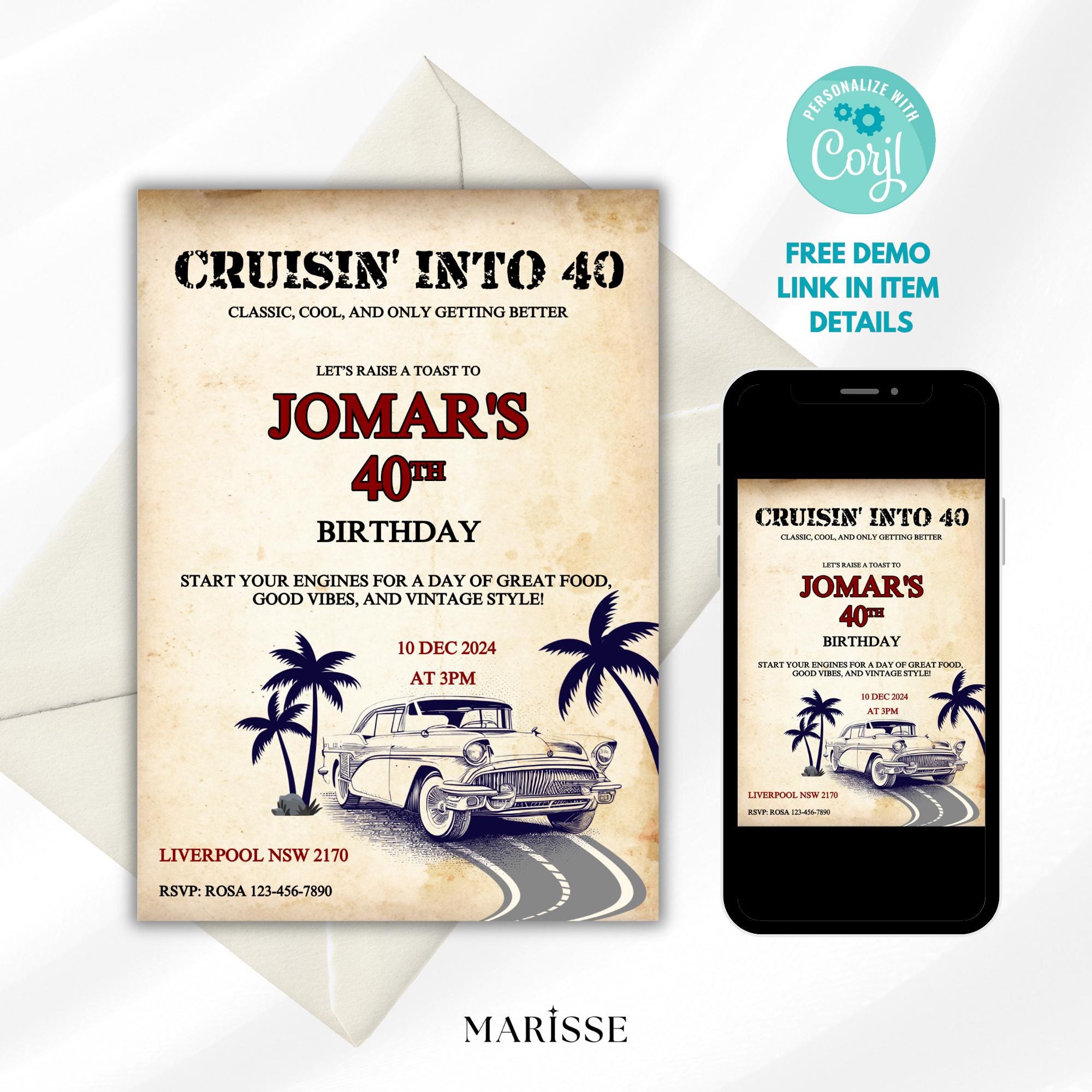 40th Birthday Invitation Template Vintage Car Theme Editable Retro Party Invite Digital Download Classic Auto Birthday
