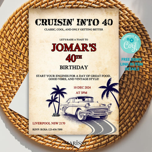 40th Birthday Invitation Template Vintage Car Theme Editable Retro Party Invite Digital Download Classic Auto Birthday